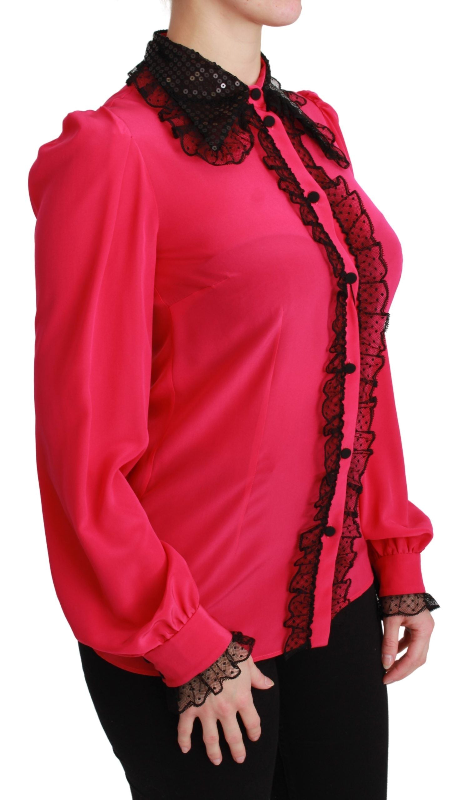 Dolce &amp; Gabbana Pink Silk Black Sequin Lace Shirt Blouse