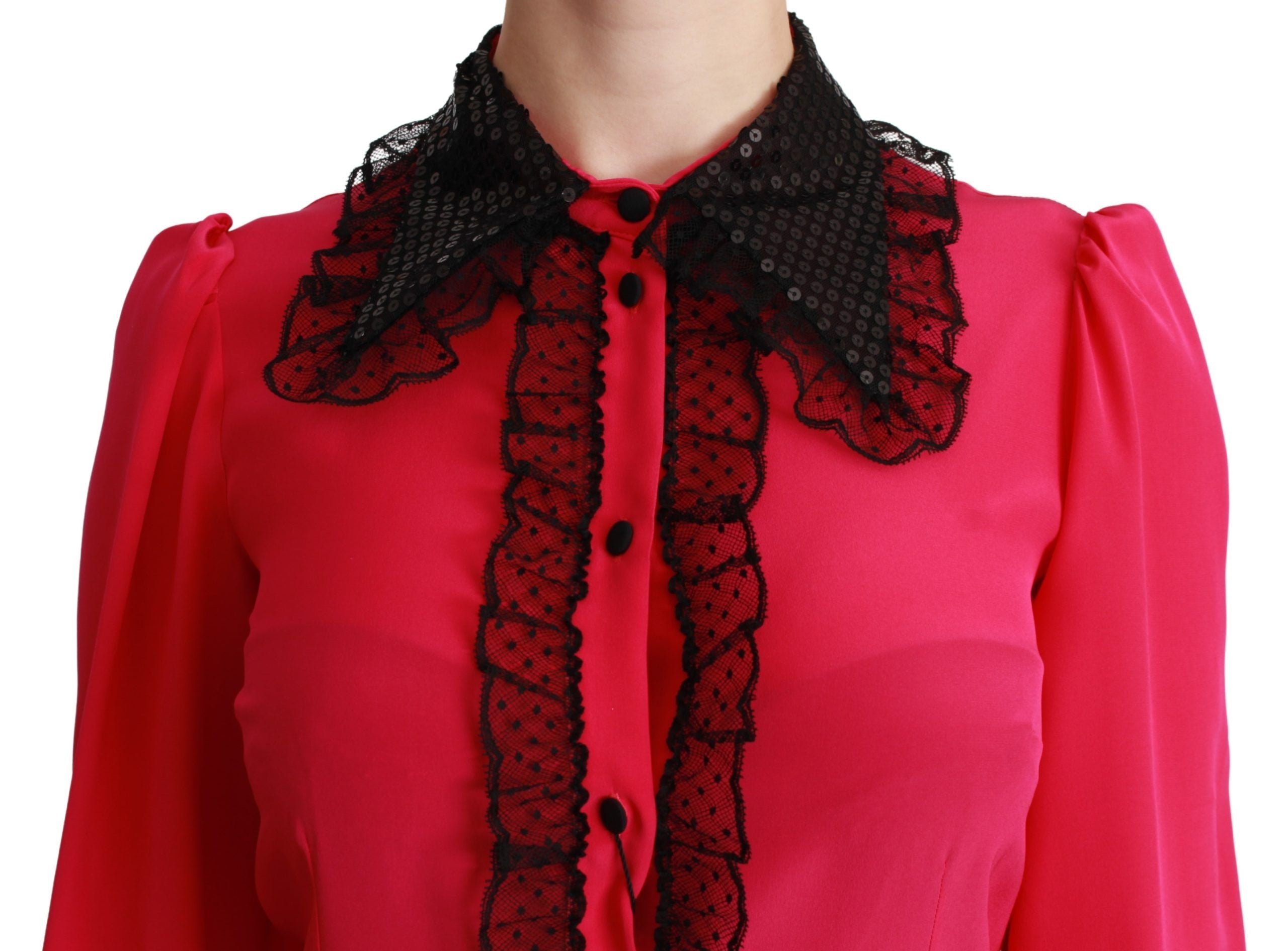 Dolce &amp; Gabbana Pink Silk Black Sequin Lace Shirt Blouse