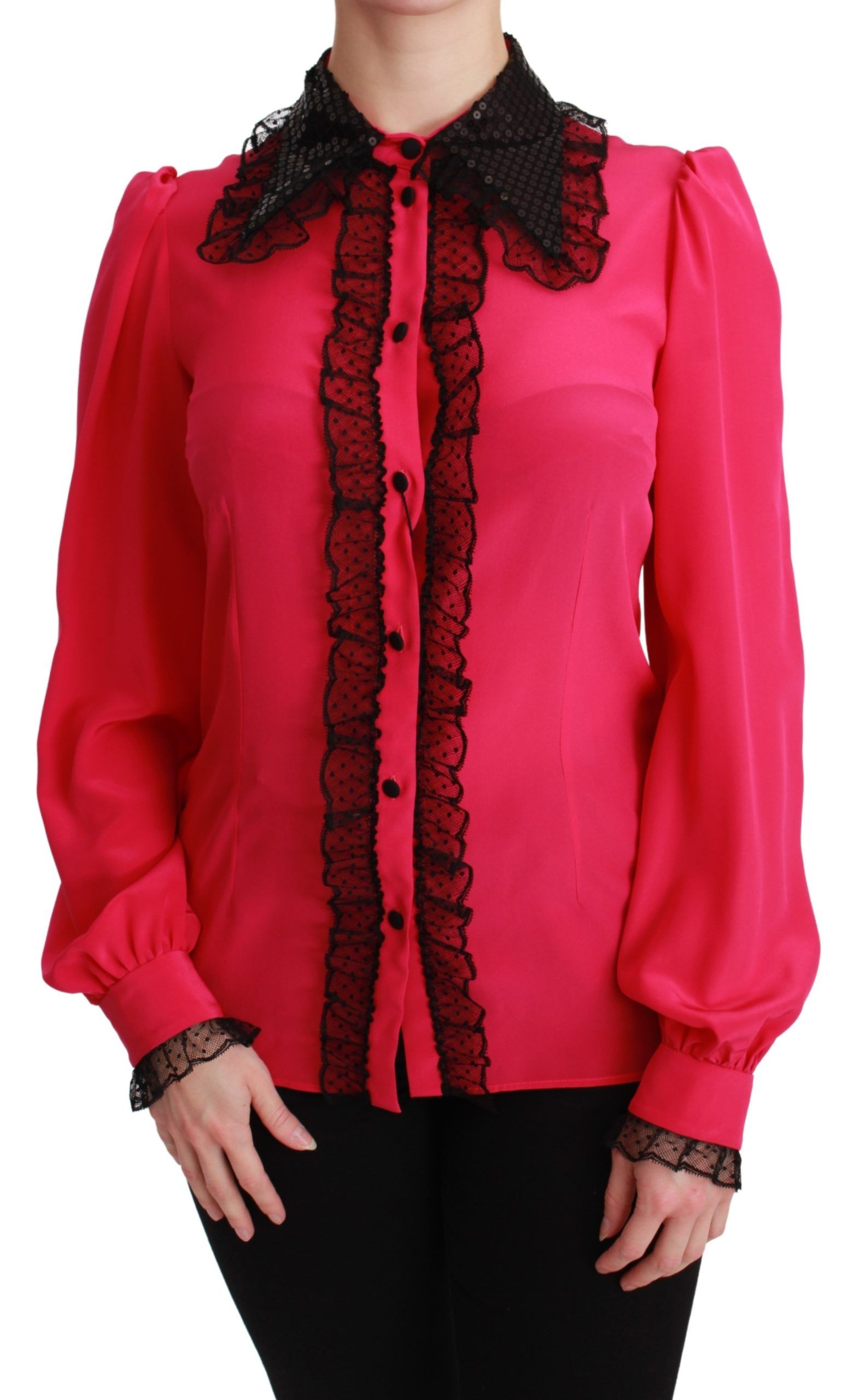 Dolce &amp; Gabbana Pink Silk Black Sequin Lace Shirt Blouse