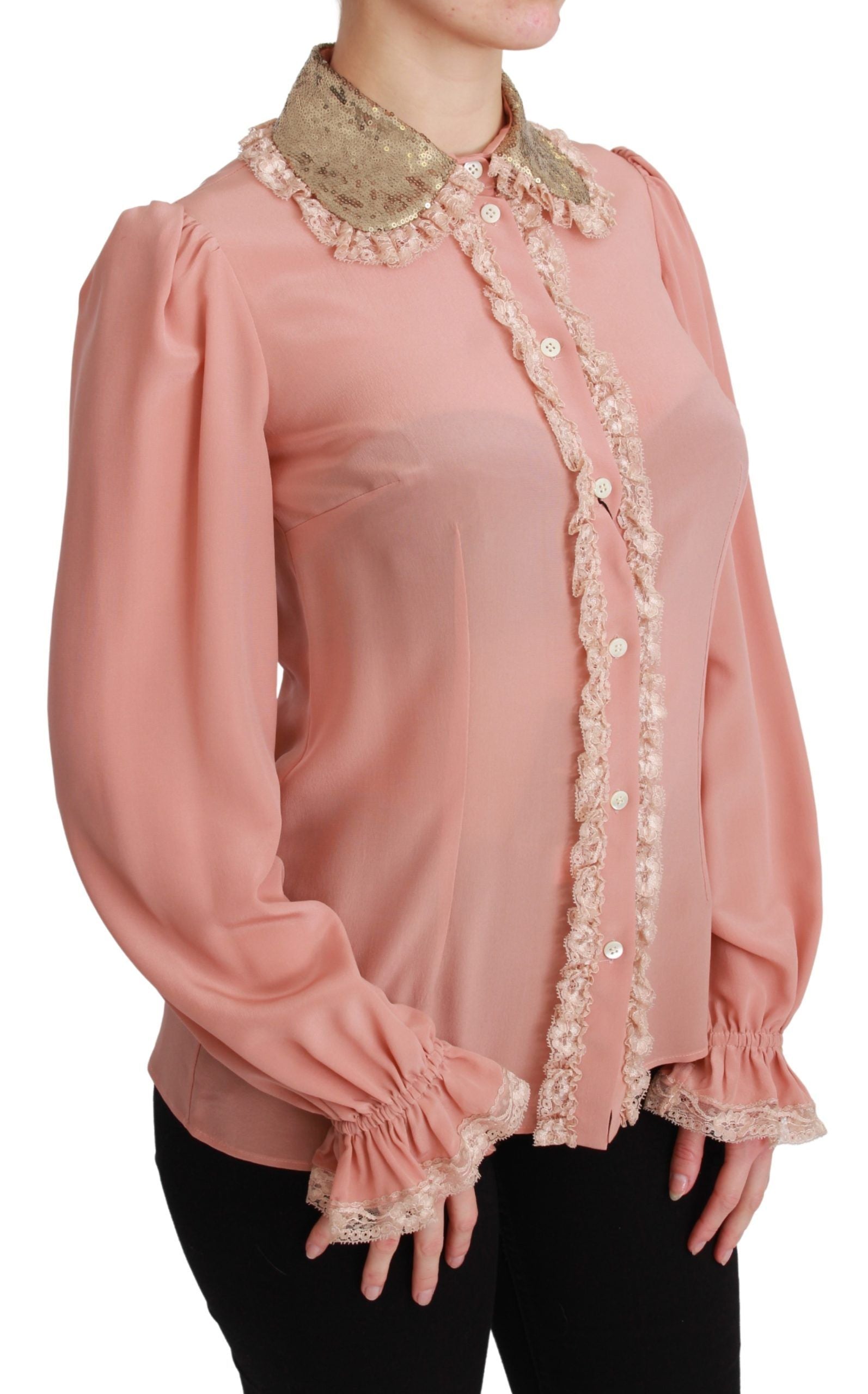 Dolce &amp; Gabbana Pink Silk Gold Sequin Lace Blouse Shirt