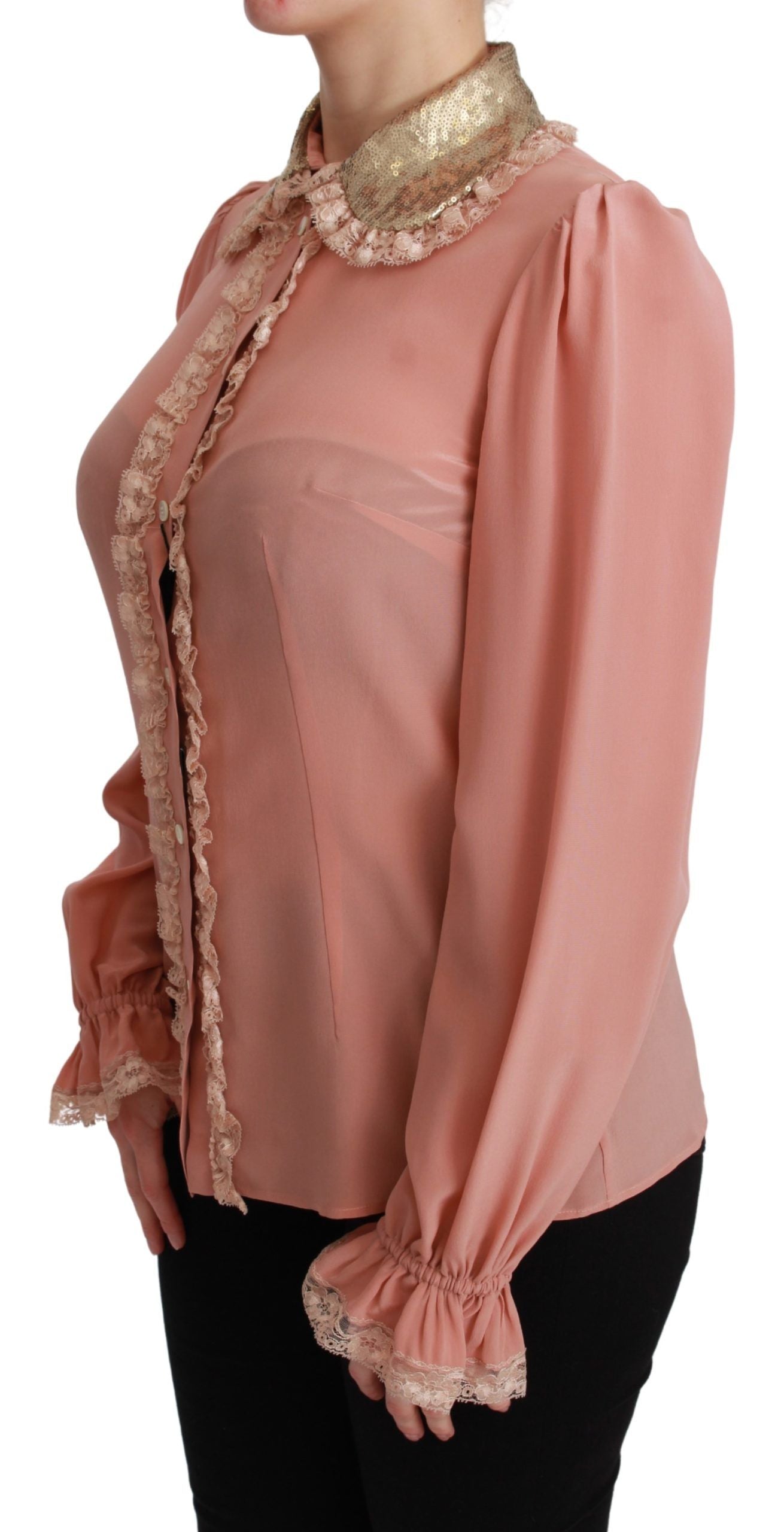Dolce &amp; Gabbana Pink Silk Gold Sequin Lace Blouse Shirt