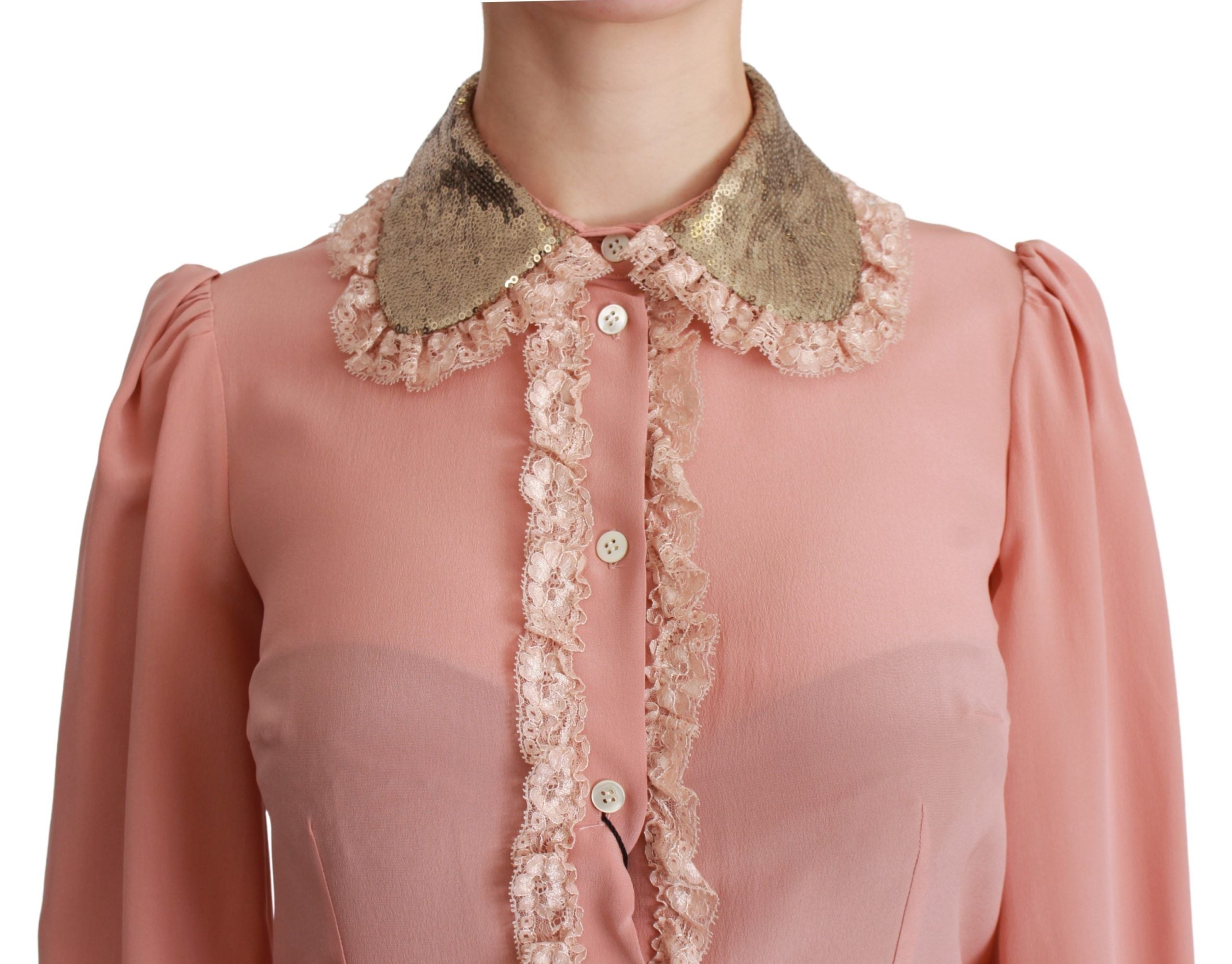 Dolce &amp; Gabbana Pink Silk Gold Sequin Lace Blouse Shirt