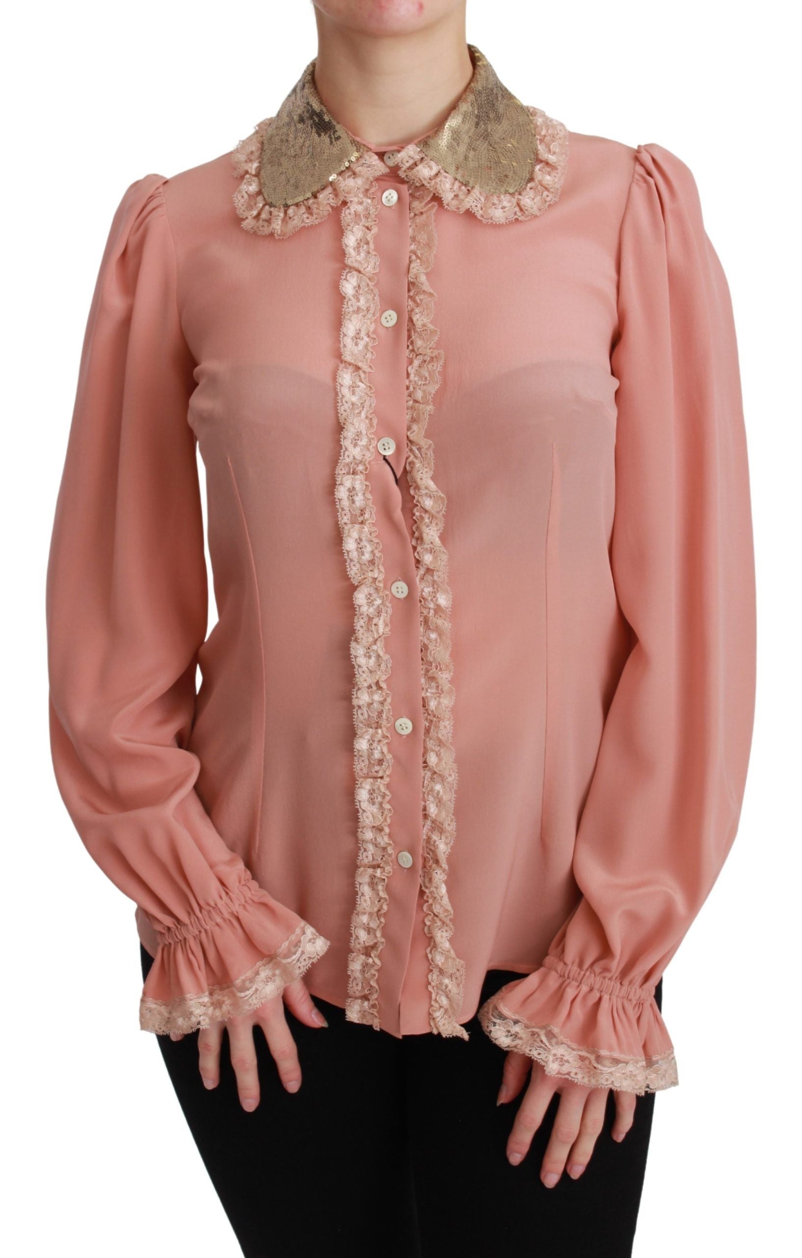 Dolce &amp; Gabbana Pink Silk Gold Sequin Lace Blouse Shirt