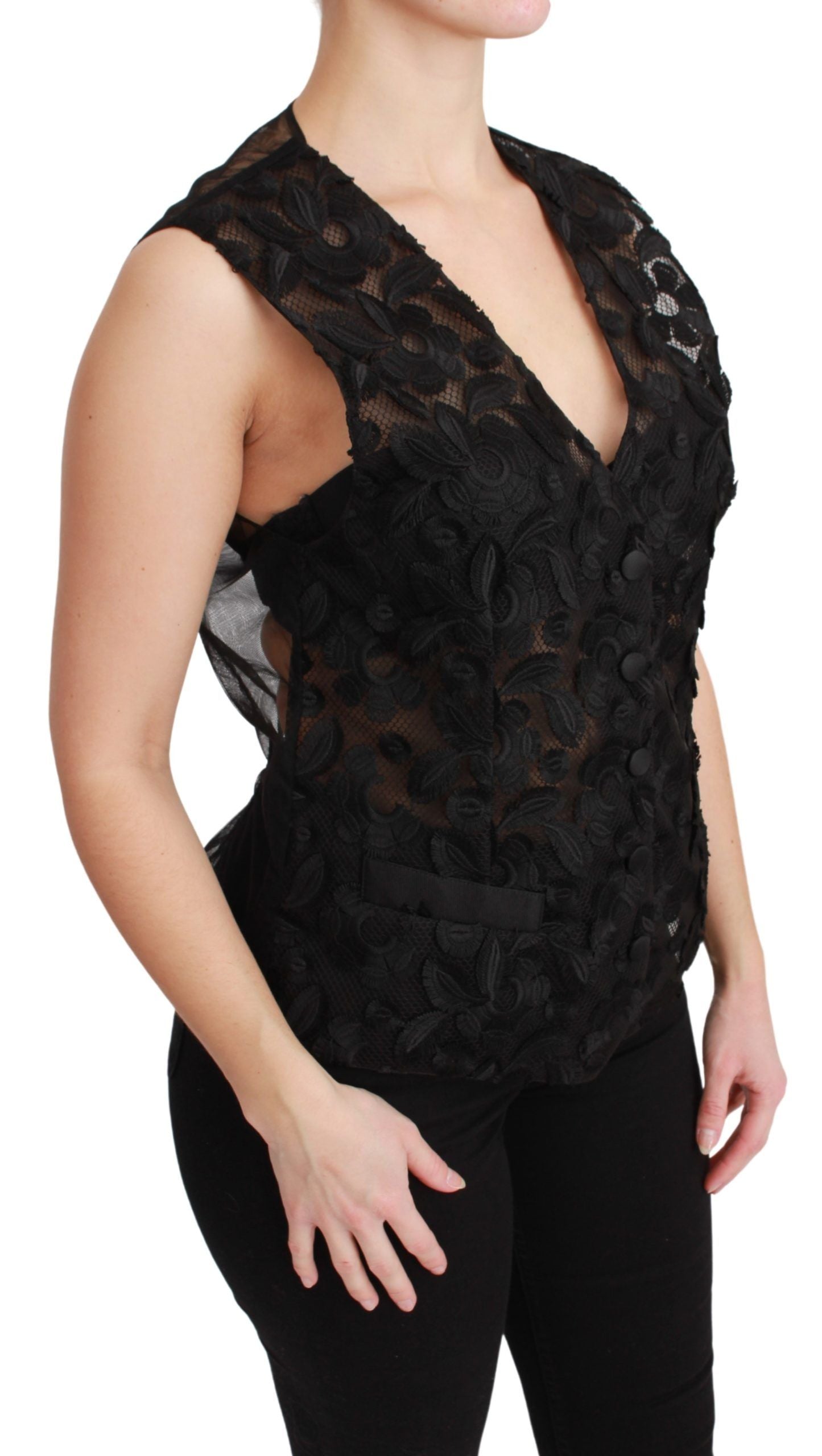 Dolce &amp; Gabbana Black Brocade Top with Floral Pattern Gilet Vest