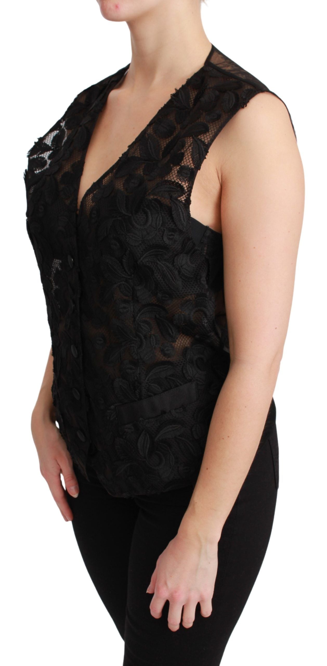 Dolce &amp; Gabbana Black Brocade Top with Floral Pattern Gilet Vest