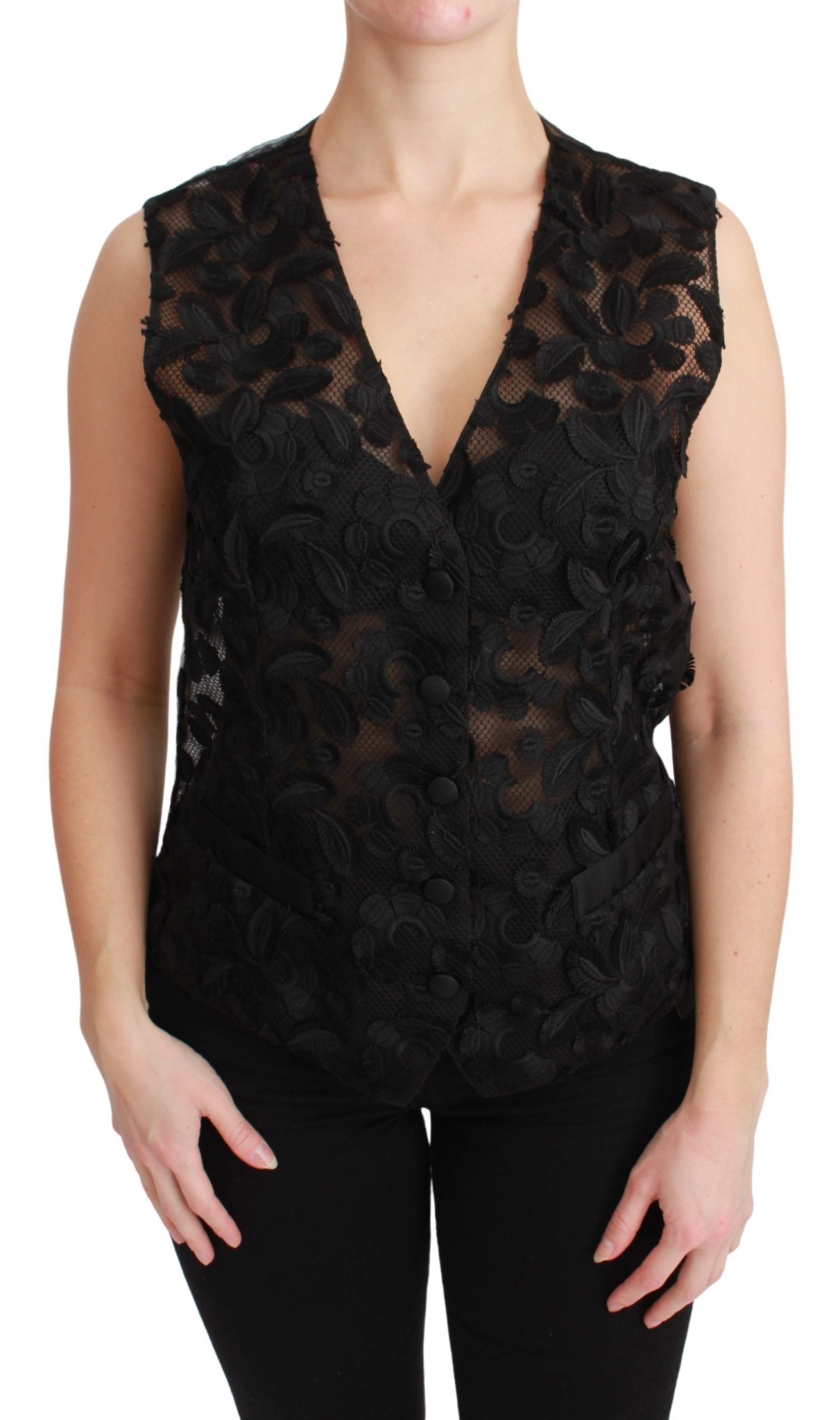 Dolce &amp; Gabbana Black Brocade Top with Floral Pattern Gilet Vest