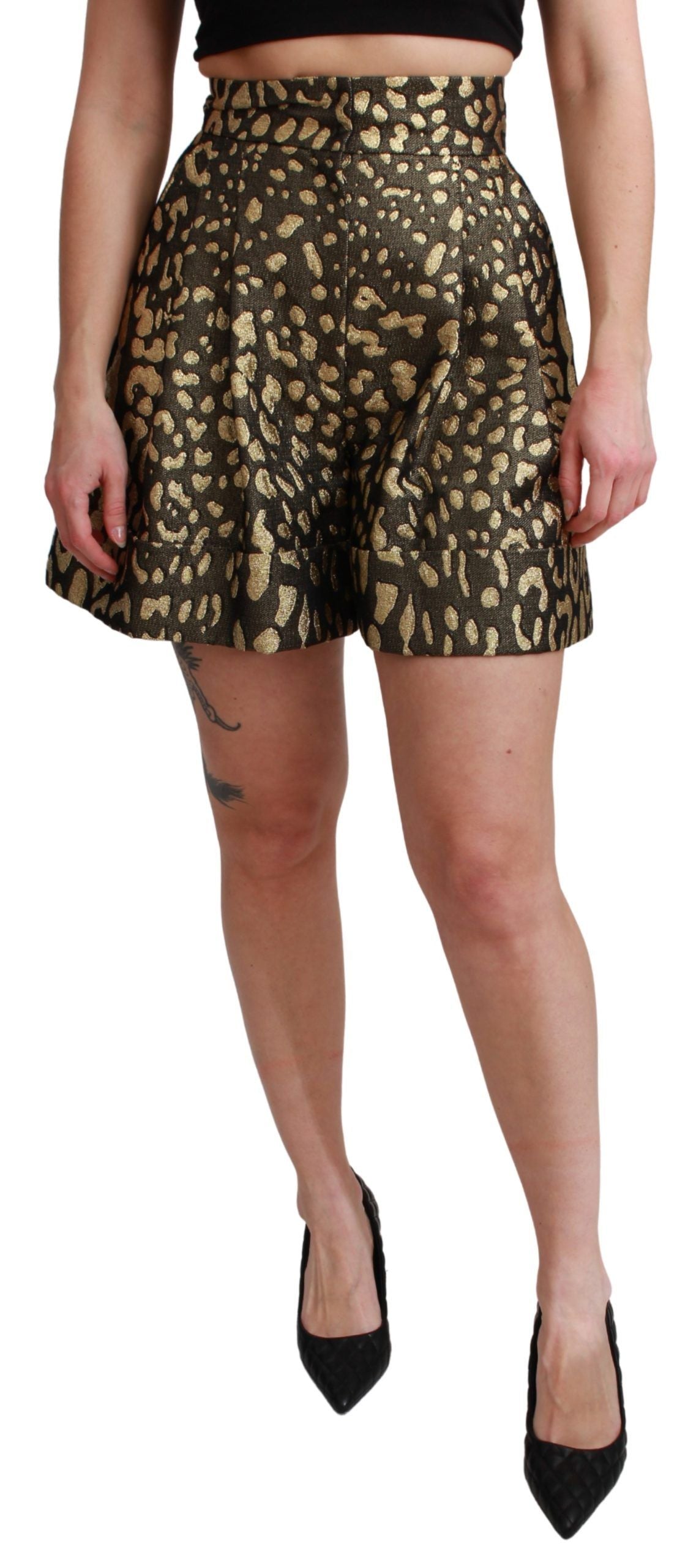 Dolce & Gabbana Schwarzgoldene Mini-Baumwollshorts mit hoher Taille