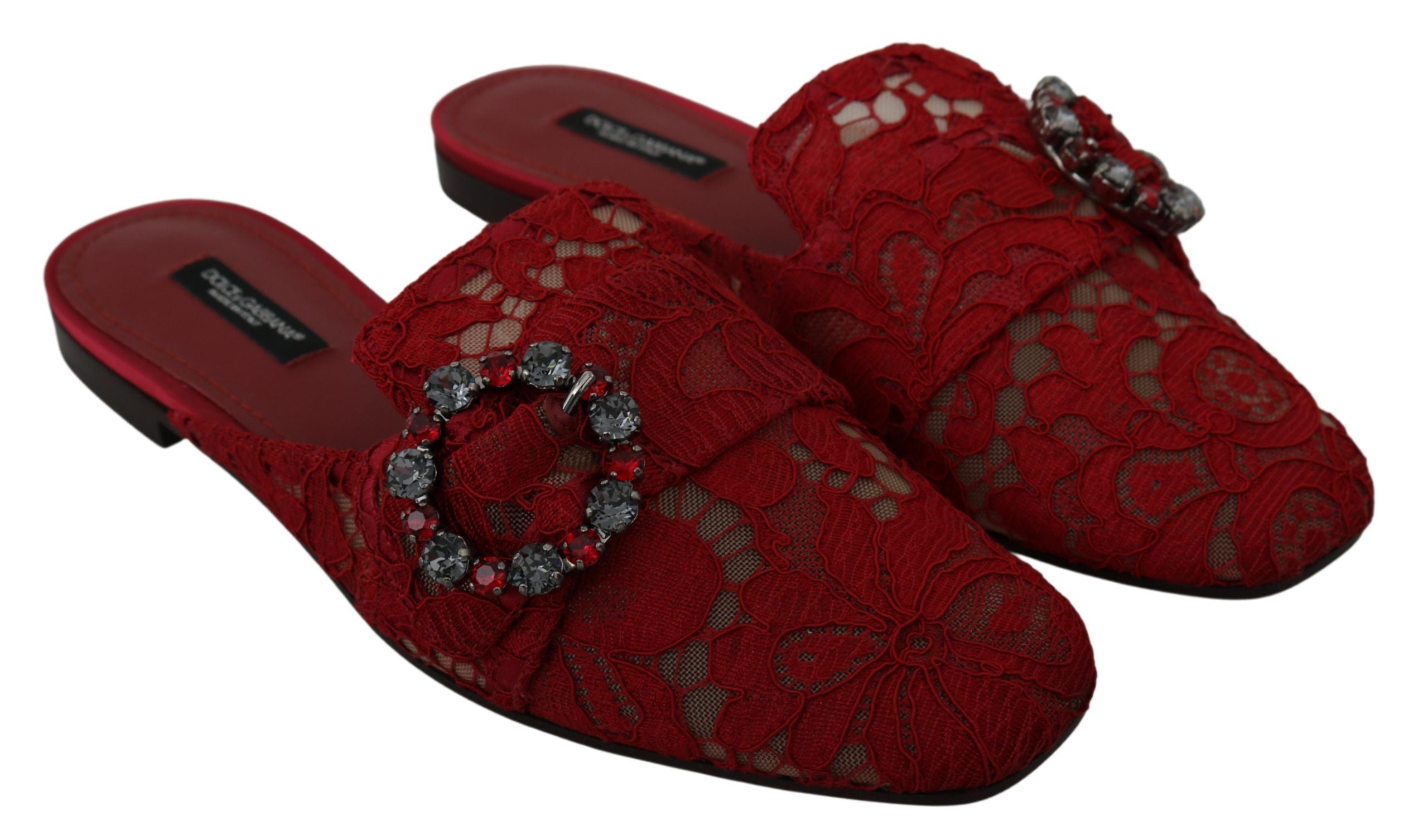 Dolce & Gabbana Rote Spitze Kristall Slide On Flats Schuhe