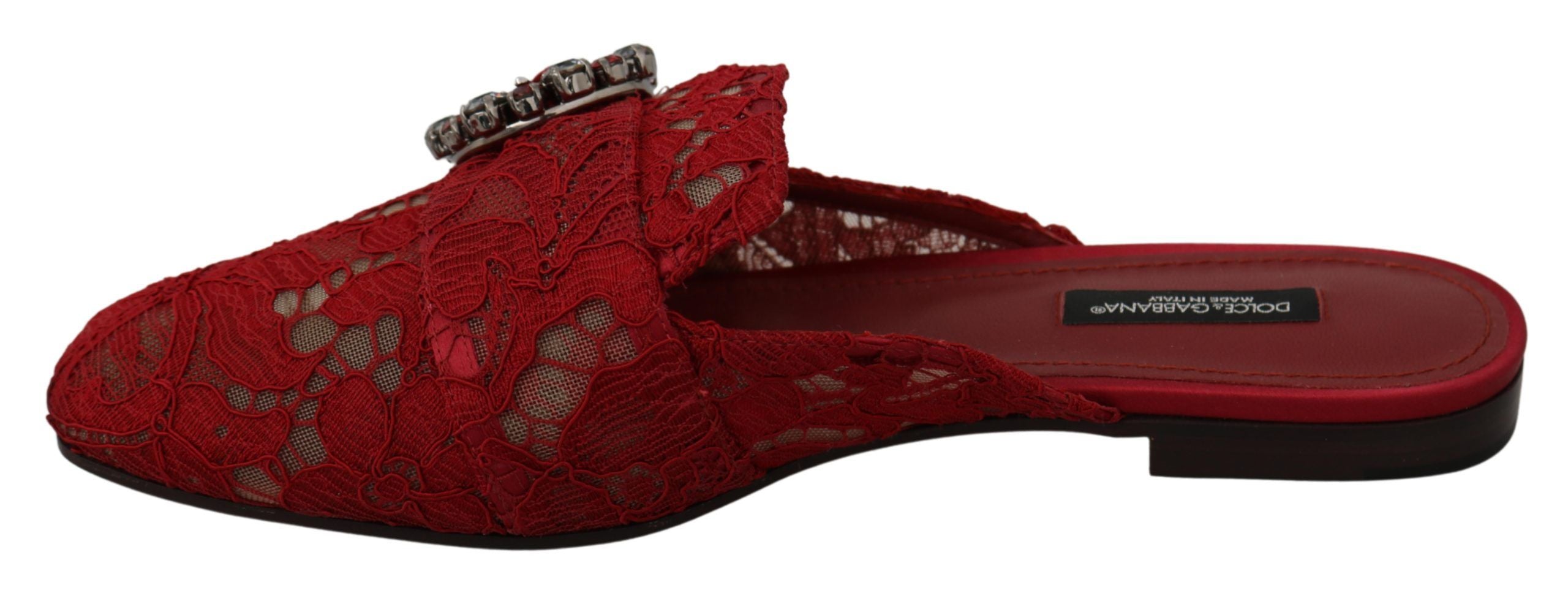 Dolce & Gabbana Rote Spitze Kristall Slide On Flats Schuhe