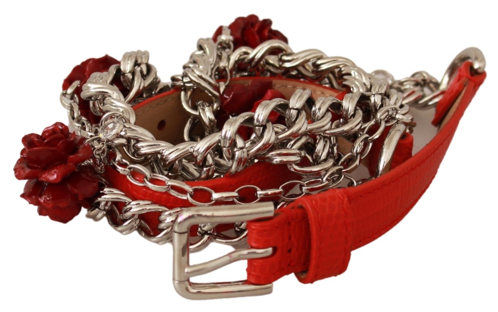 Dolce &amp; Gabbana Red Leather Rose Floral Silver Waist Belt