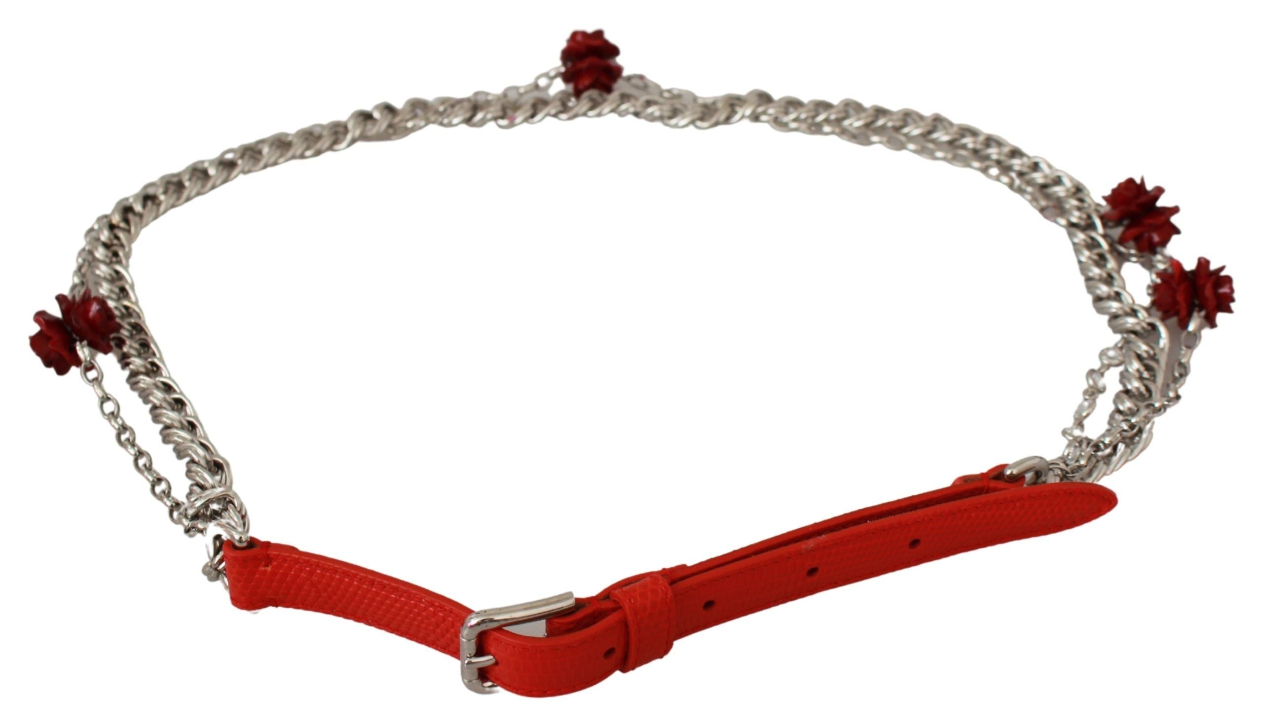 Dolce &amp; Gabbana Red Leather Rose Floral Silver Waist Belt