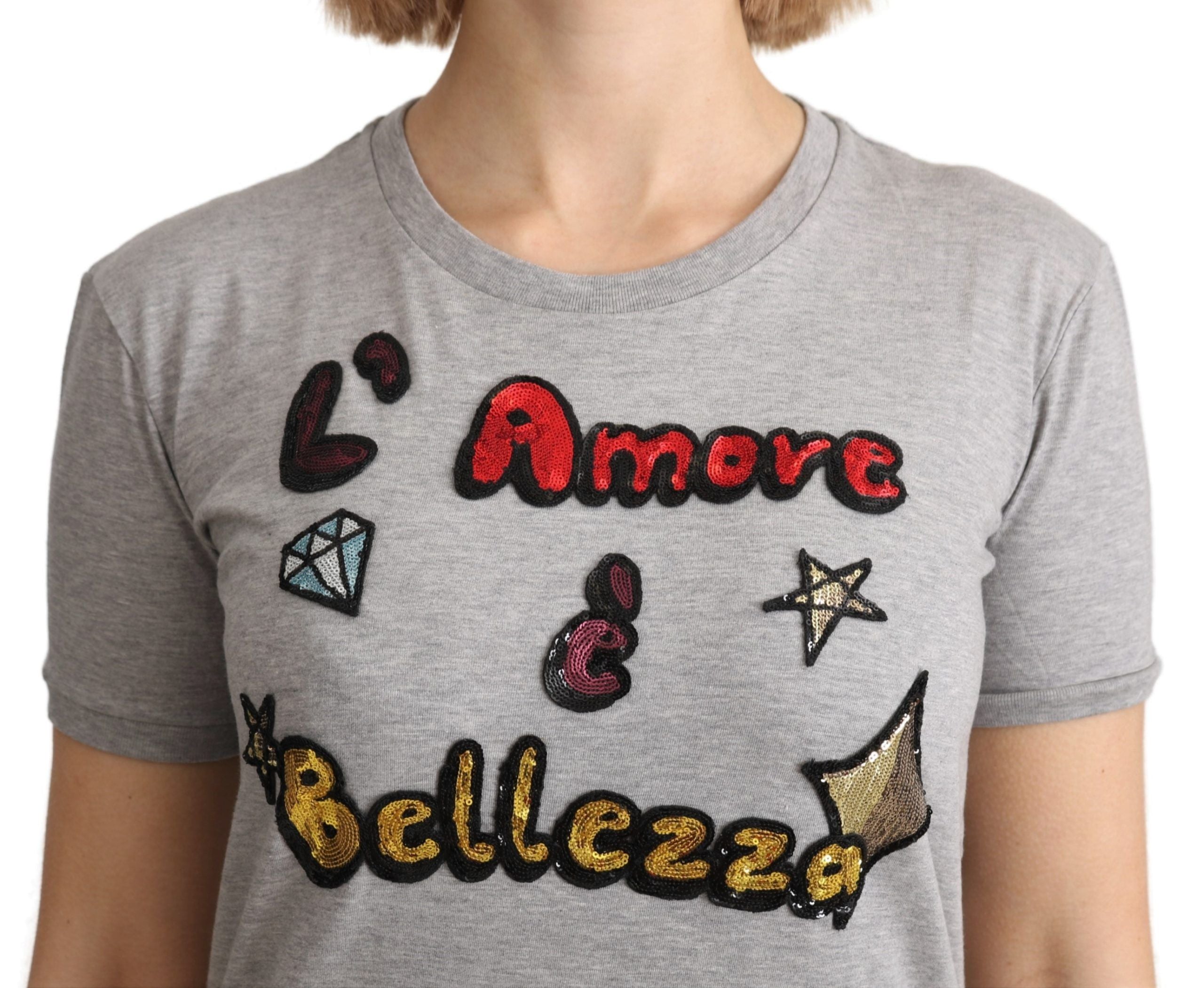 Dolce & Gabbana Graues Baumwoll-T-Shirt Amore e Bellezza