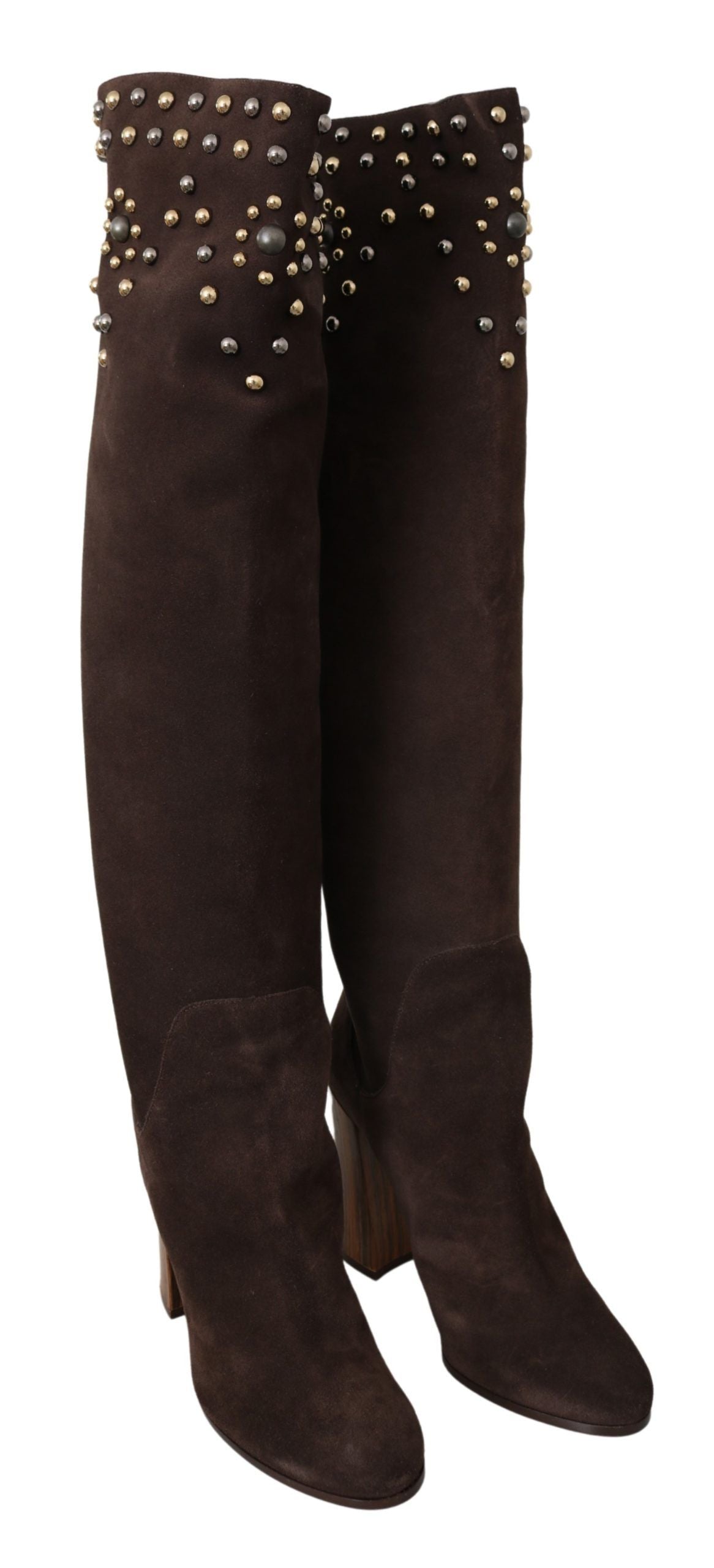 Dolce &amp; Gabbana Brown Suede Studded Knee High Boots