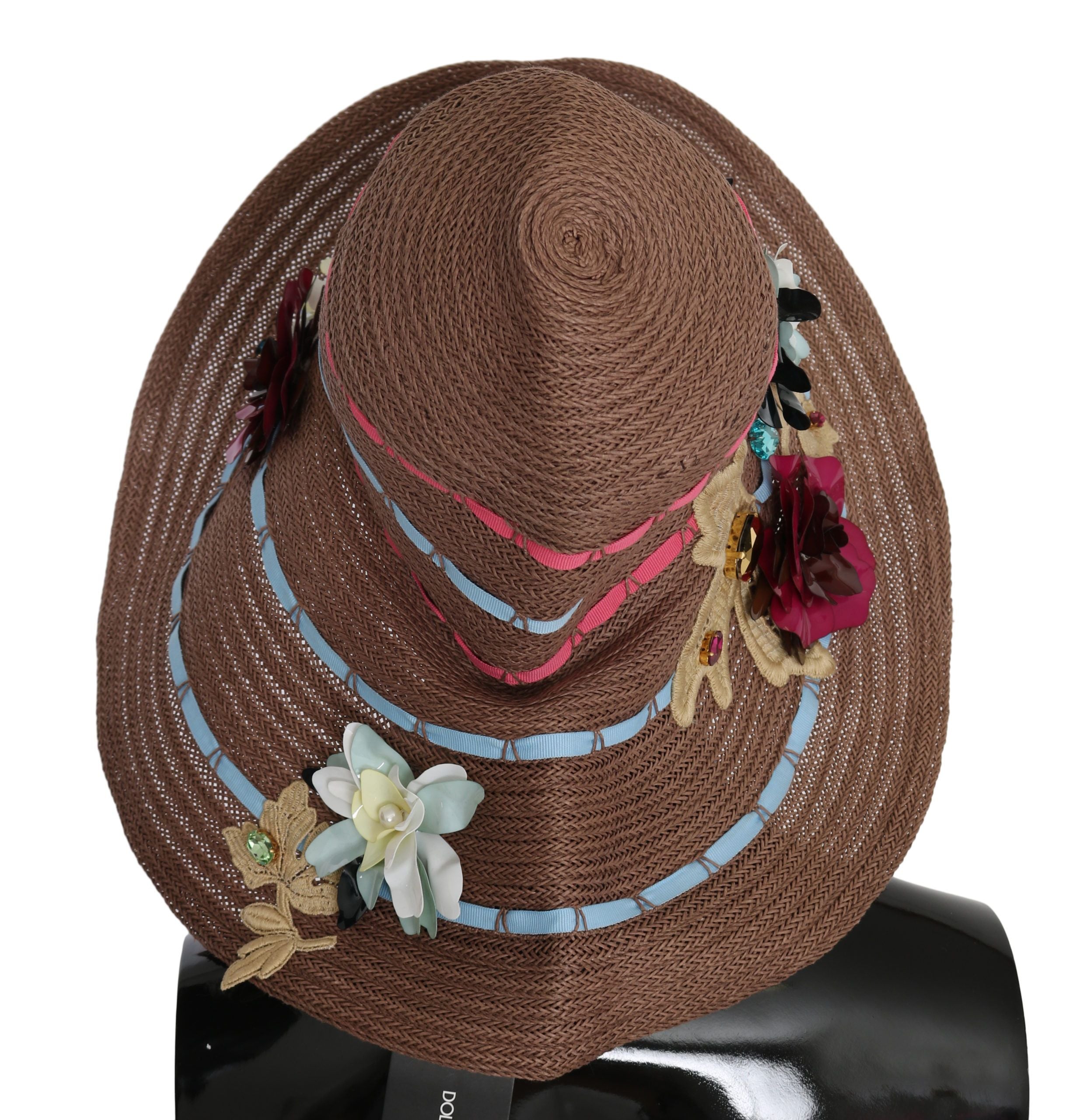 Dolce &amp; Gabbana Brown Floral Wide Brim Straw Floppy Cap Hat 