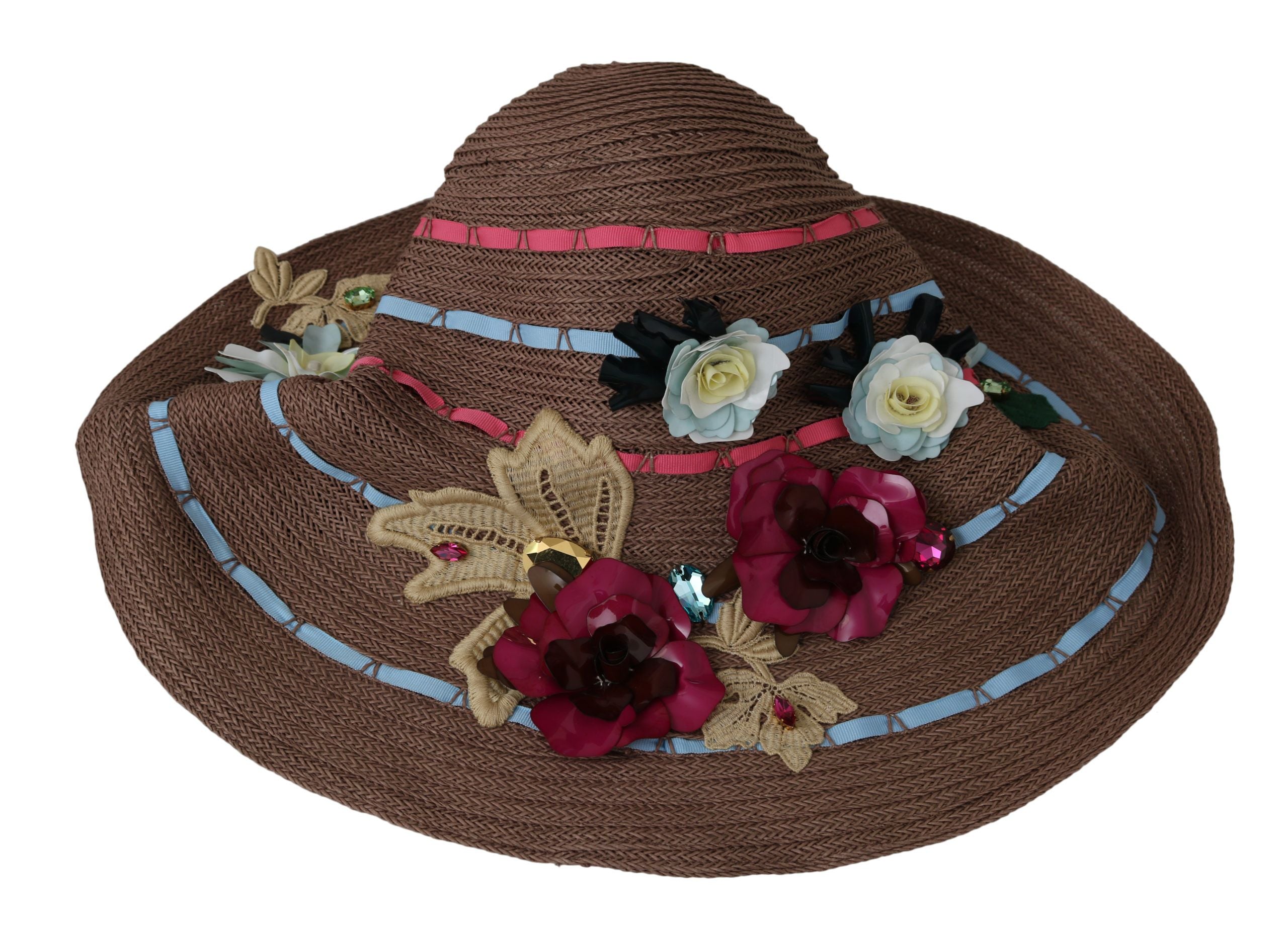 Dolce &amp; Gabbana Brown Floral Wide Brim Straw Floppy Cap Hat 