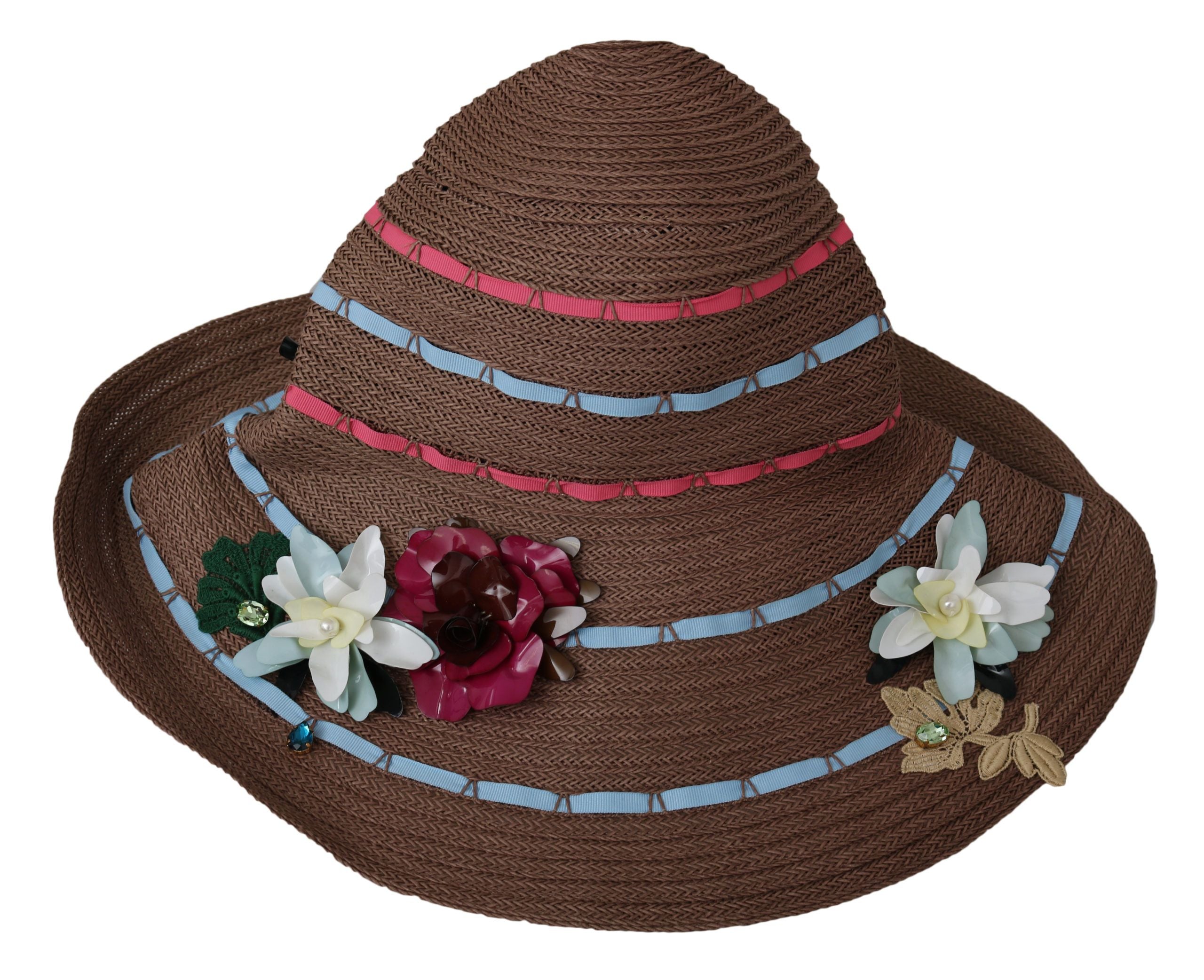 Dolce &amp; Gabbana Brown Floral Wide Brim Straw Floppy Cap Hat 