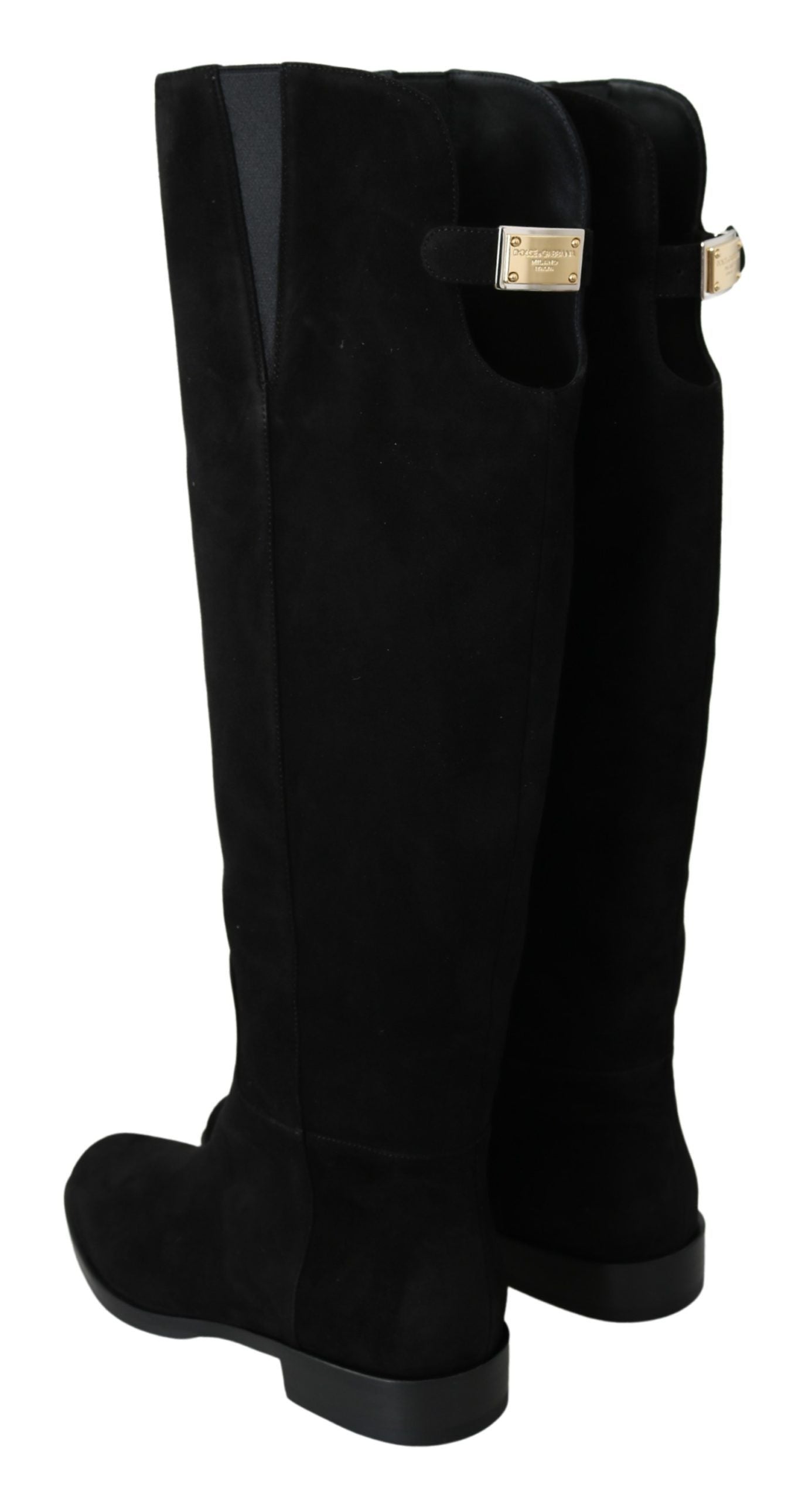 Dolce &amp; Gabbana Black Knee-High Flat Suede Boots Shoes