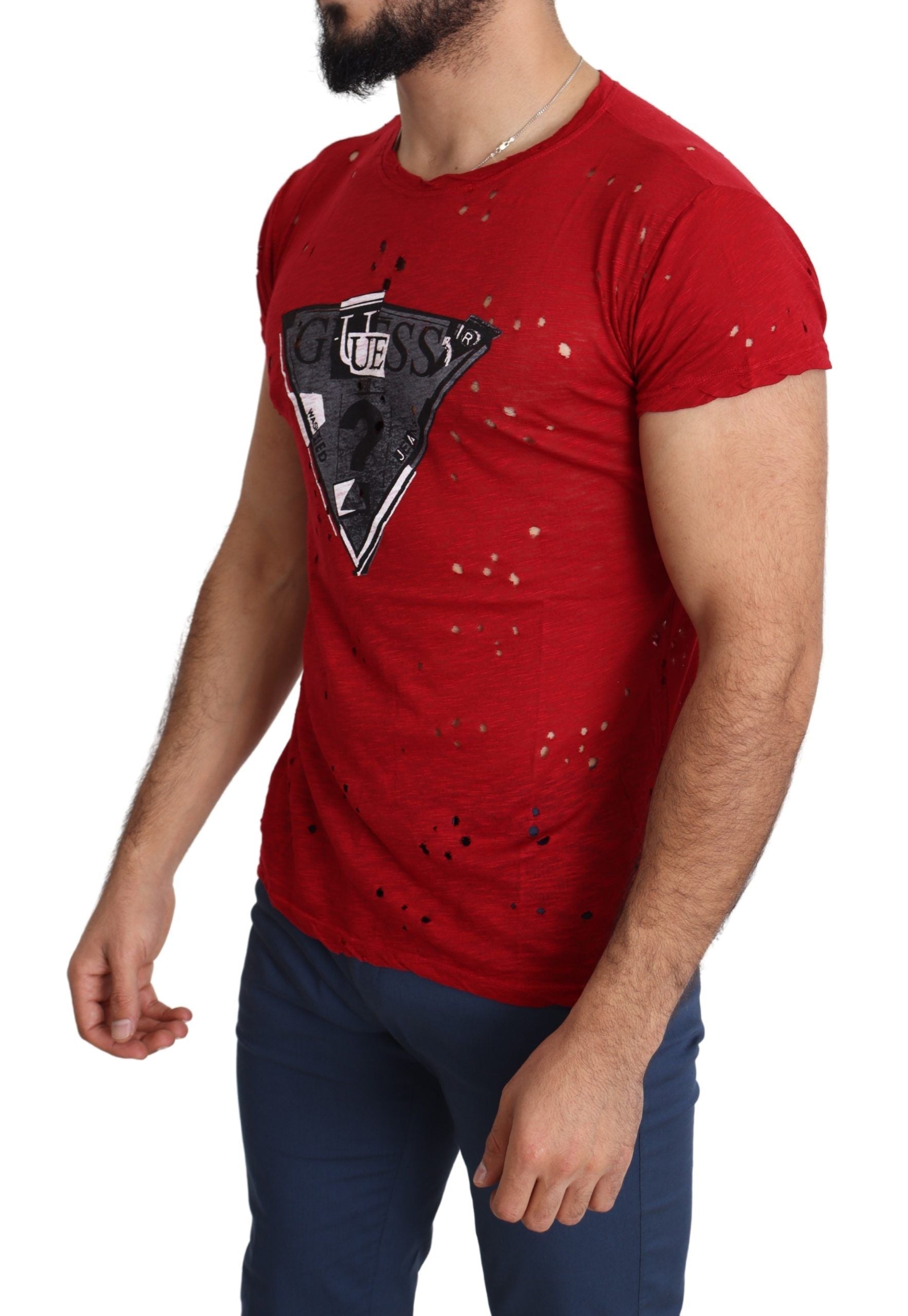 Guess Red Cotton Logo Print Men's Casual Top Perforated T-Shirt 