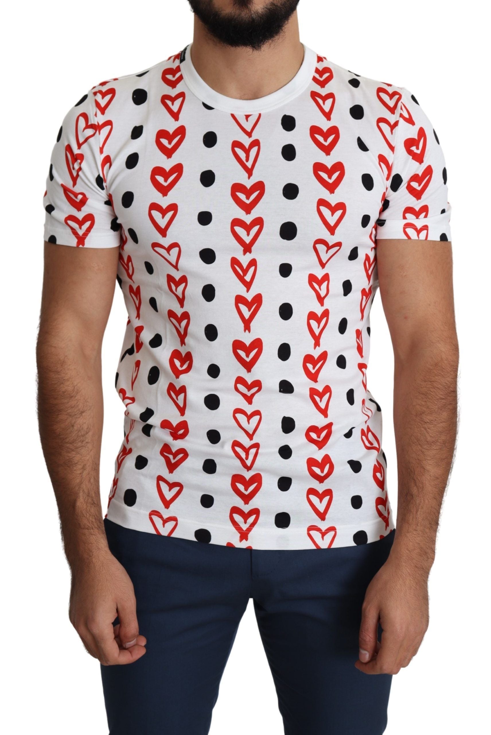 Dolce &amp; Gabbana White Hearts Print Cotton Men's Top T-Shirt 