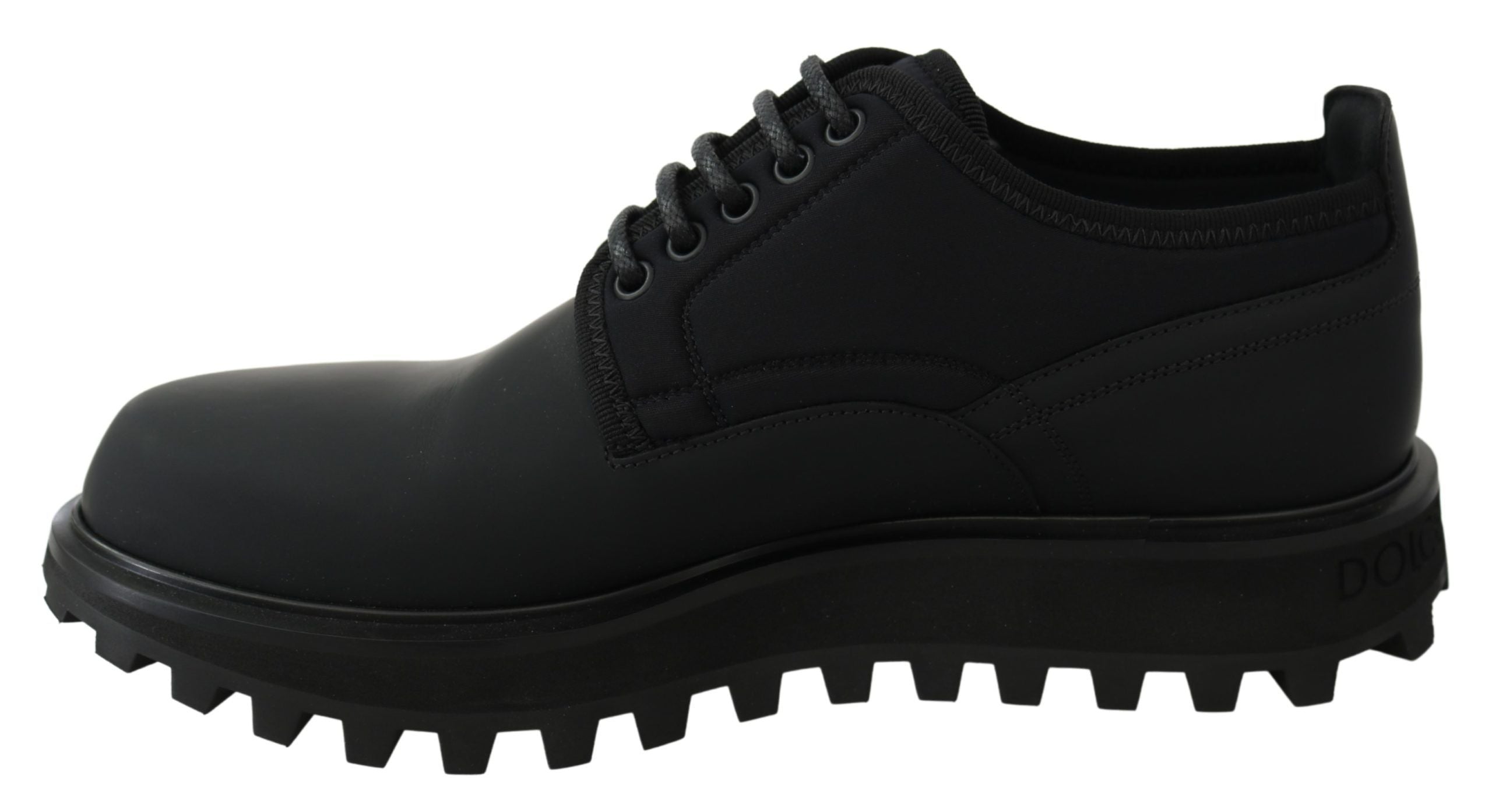 Dolce & Gabbana Schwarze gummierte Kalbsleder Chunky Derby Vulcano Schuhe