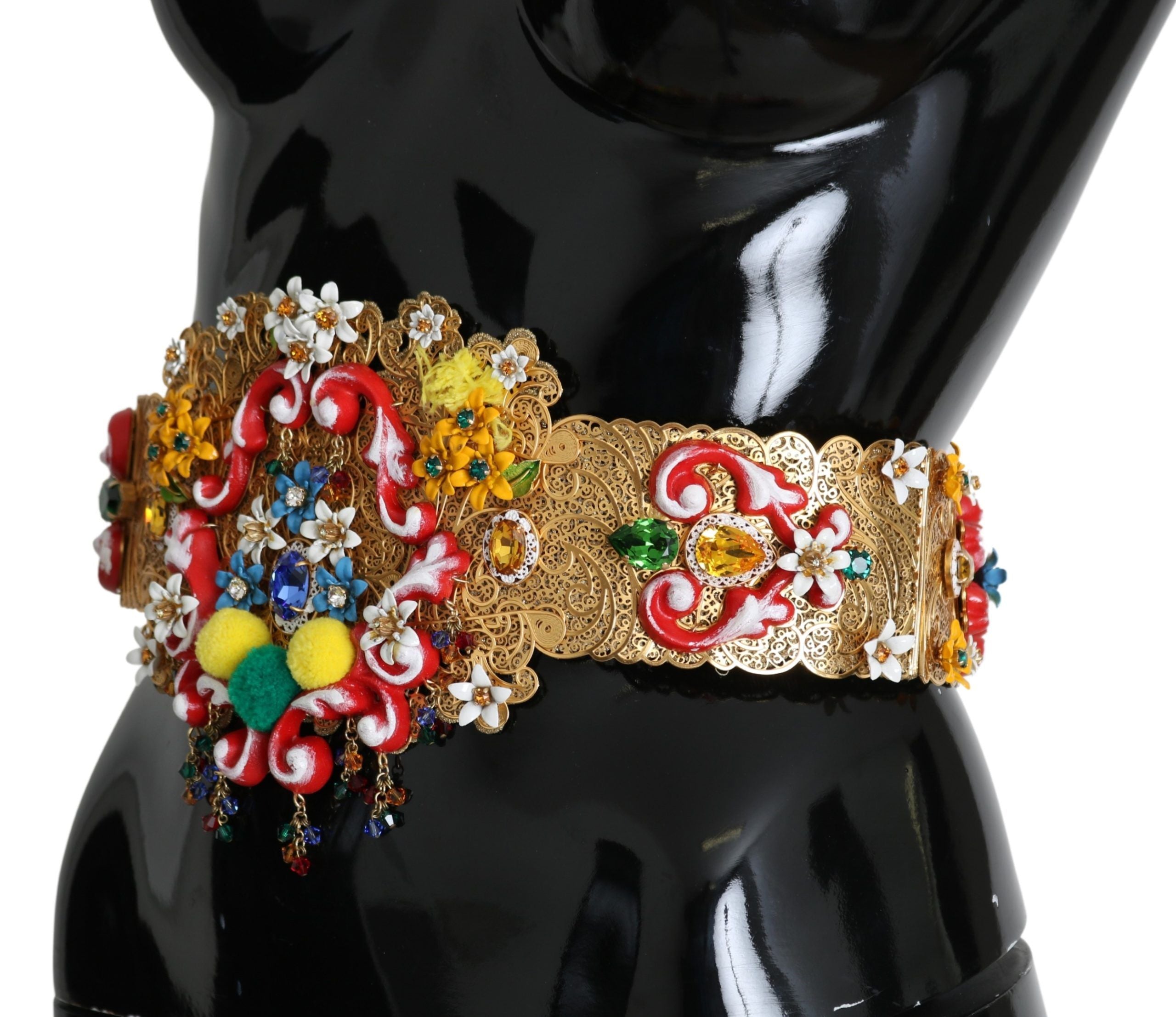 Dolce &amp; Gabbana Embellished Floral Crystal Wide Waist Belt in Gold