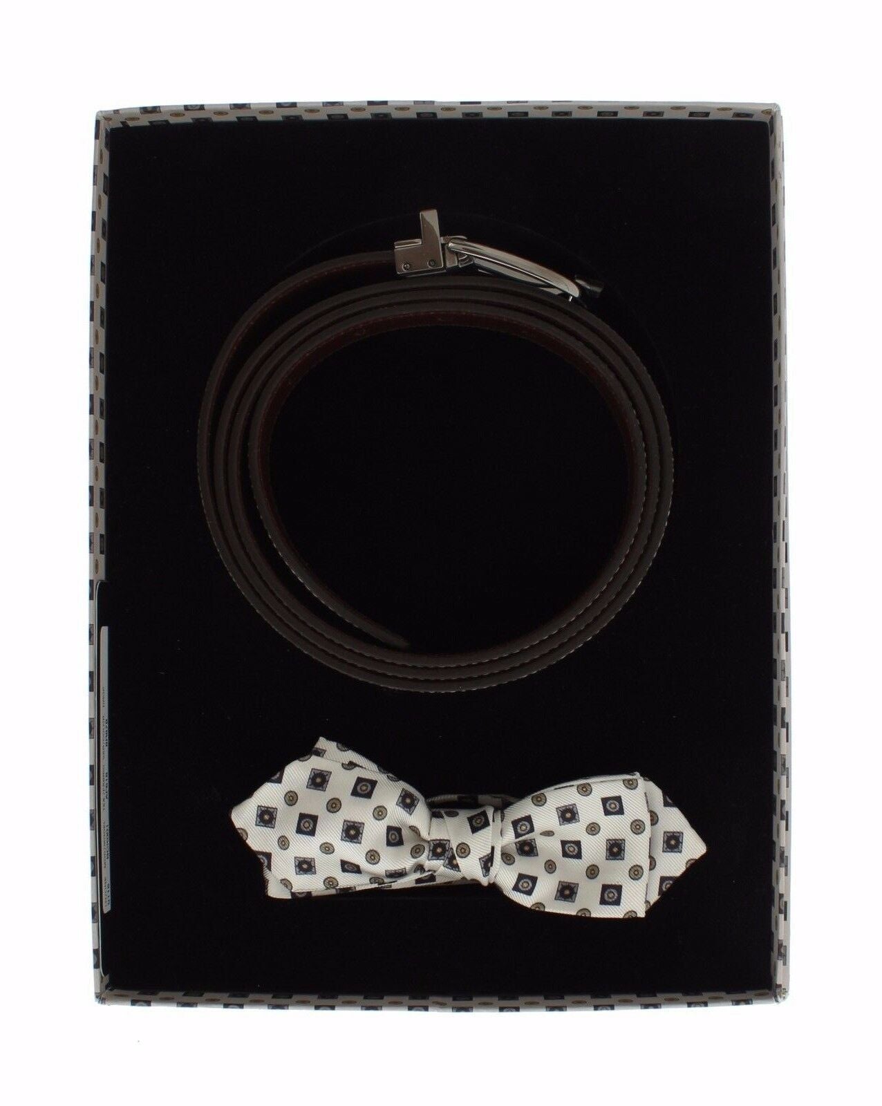 Dolce &amp; Gabbana White Silk Bow Tie Leather Men's Belt Gift Box