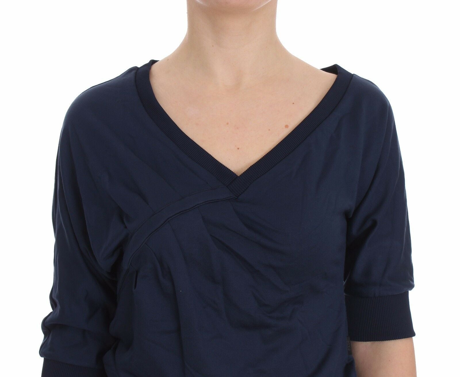 Exte Blaues Baumwolltop Pullover mit tiefem V-Ausschnitt Frauen Pullover