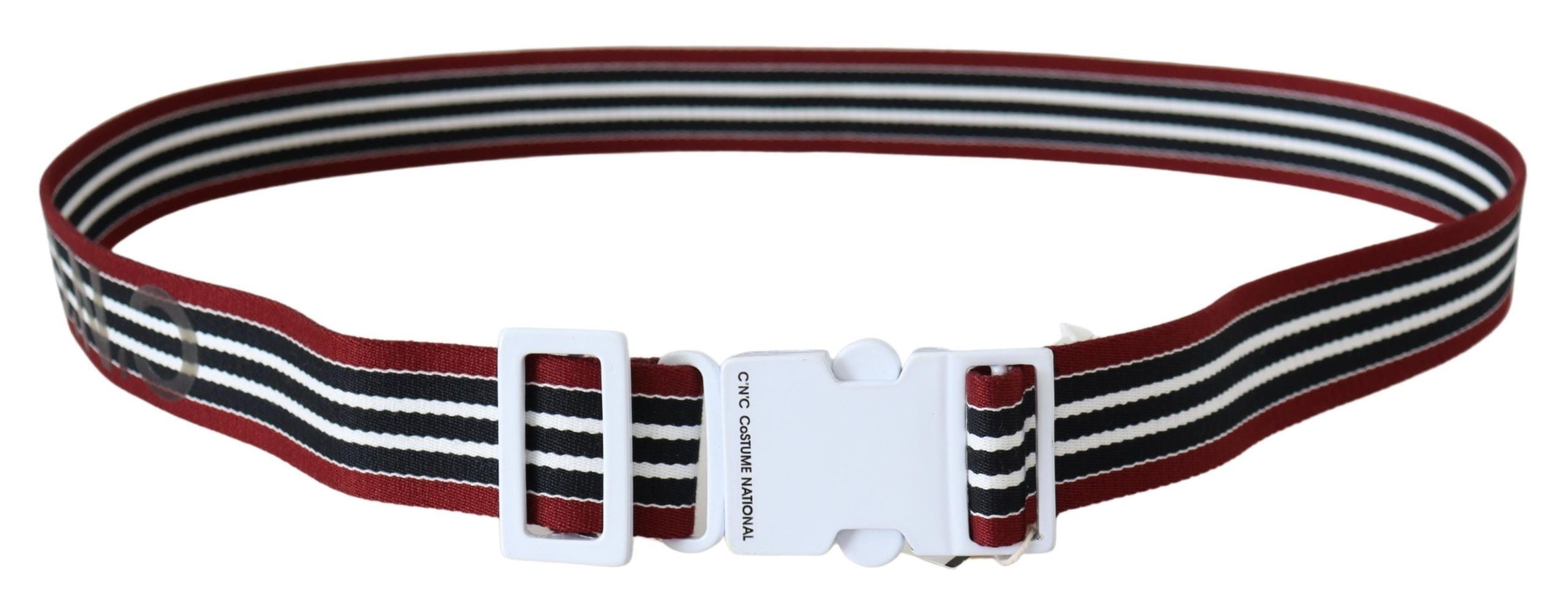 Costume National Black and Red Striped White Logo Buckle Belt 
