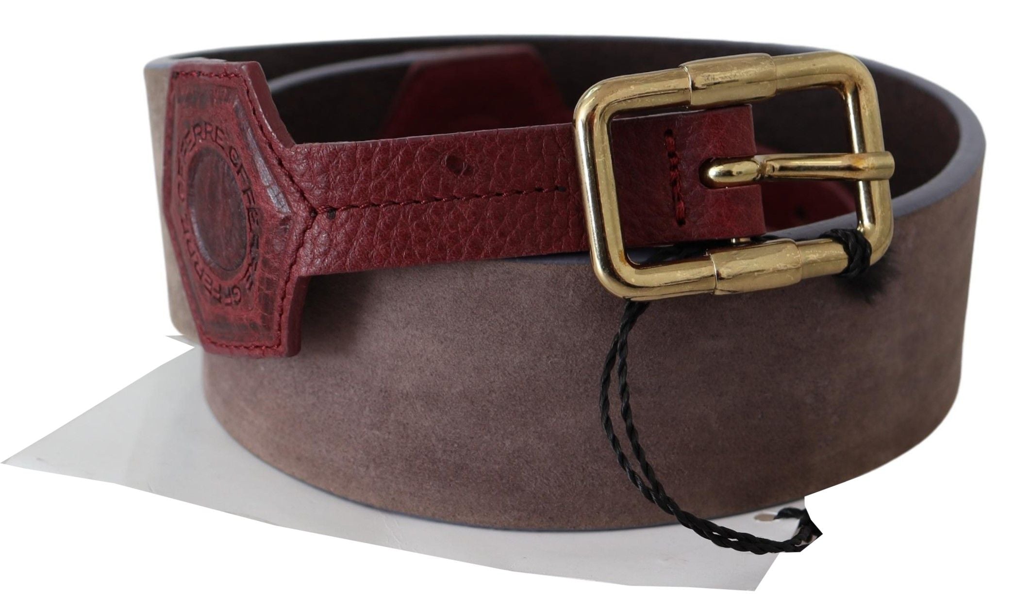 GF Ferre brown leather belt with wide gold chrome logo buckle