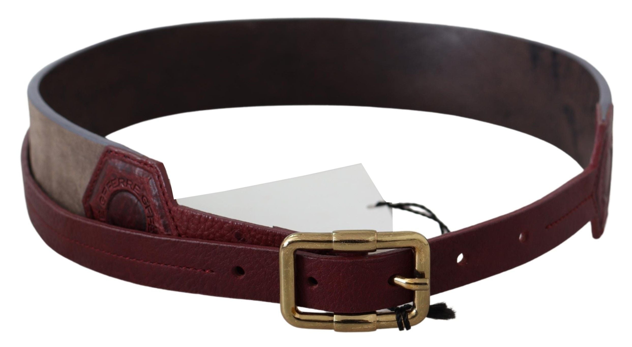 GF Ferre brown leather belt with wide gold chrome logo buckle
