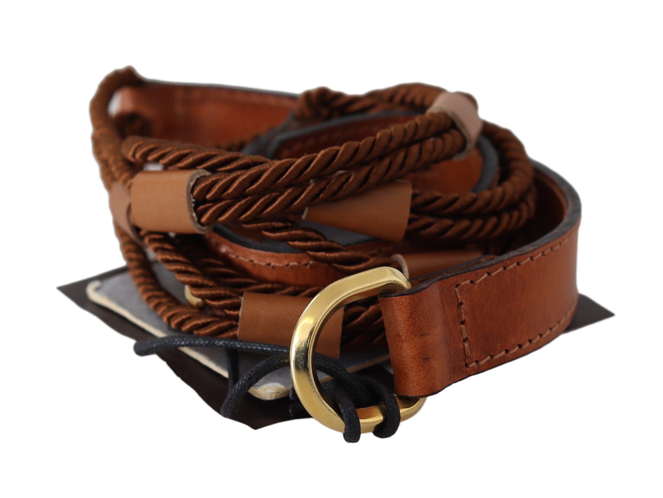 Scervino Street brown leather belt with braided ropes and gold buckle