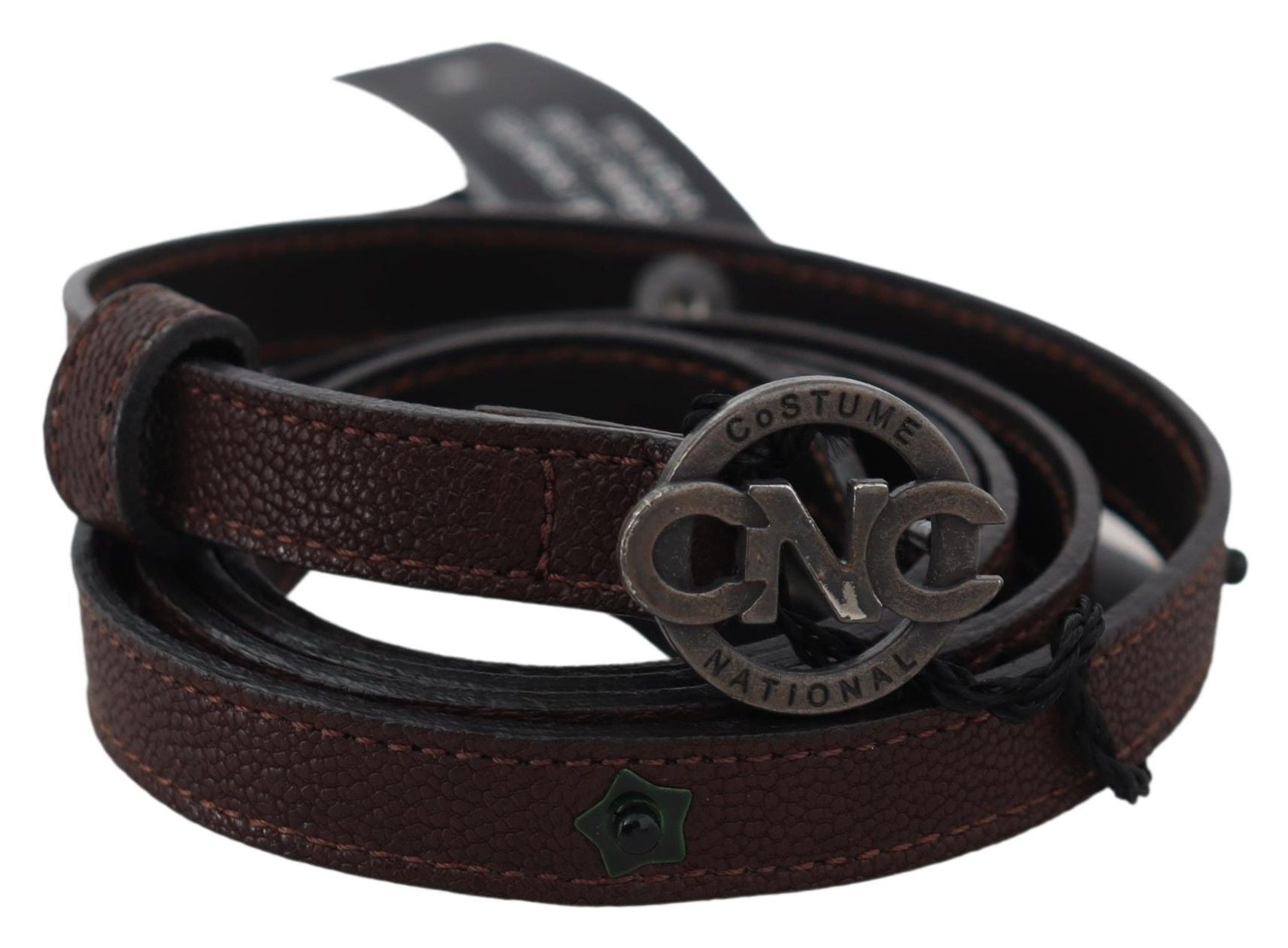 Costume National brown skinny leather belt with round logo buckle