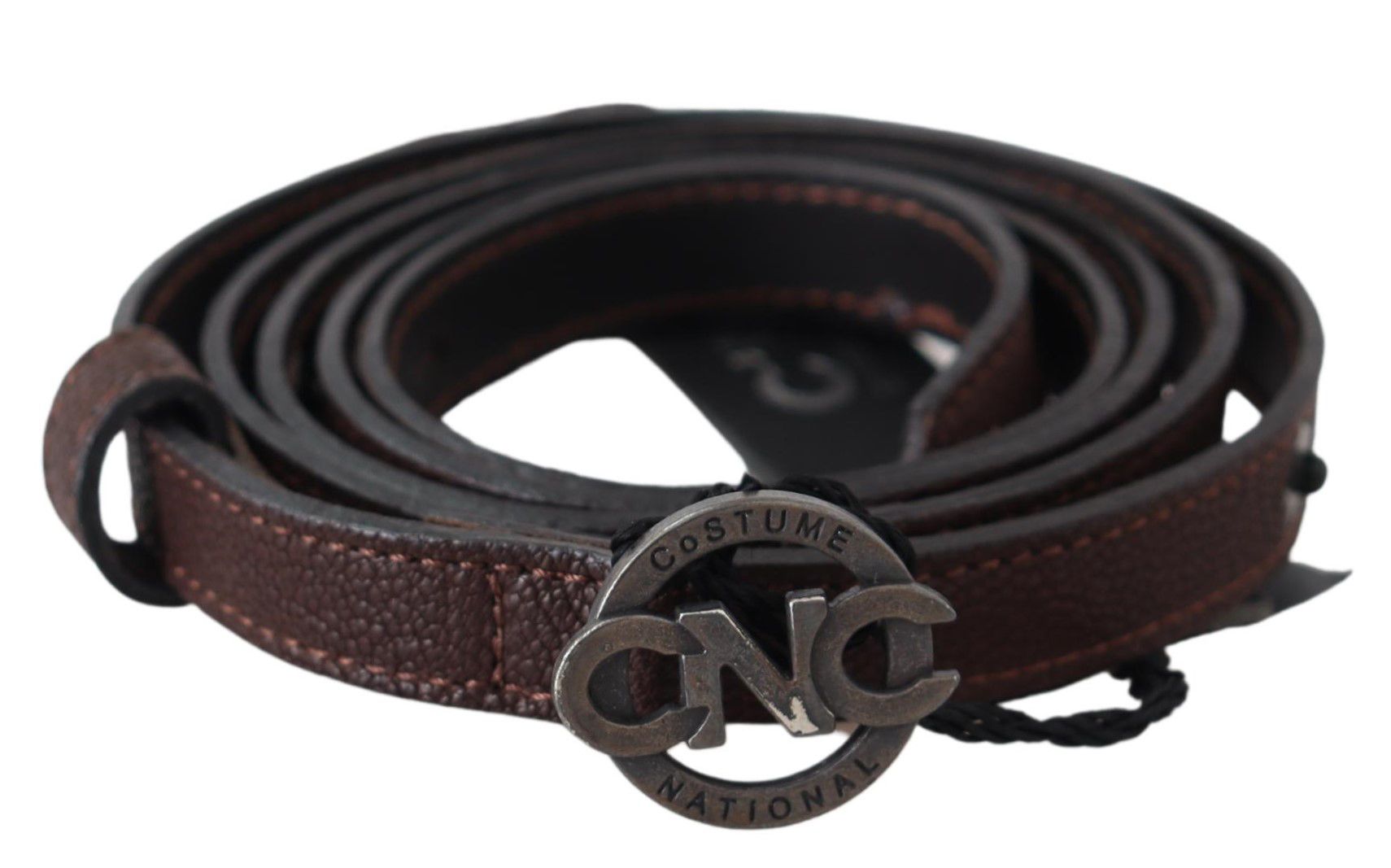 Costume National brown skinny leather belt with round logo buckle