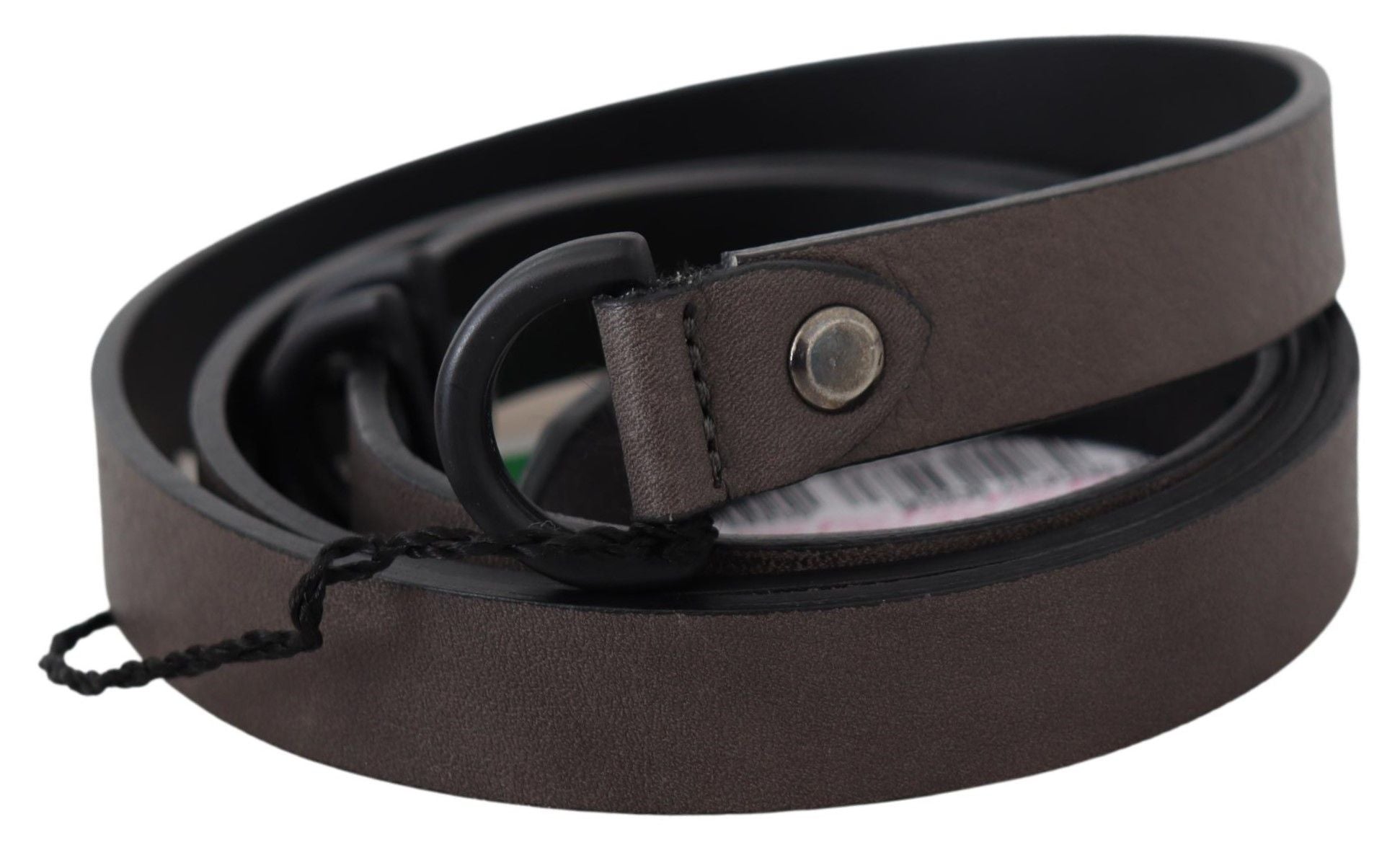 Costume National Brown Leather Skinny Belt with Round Buckle