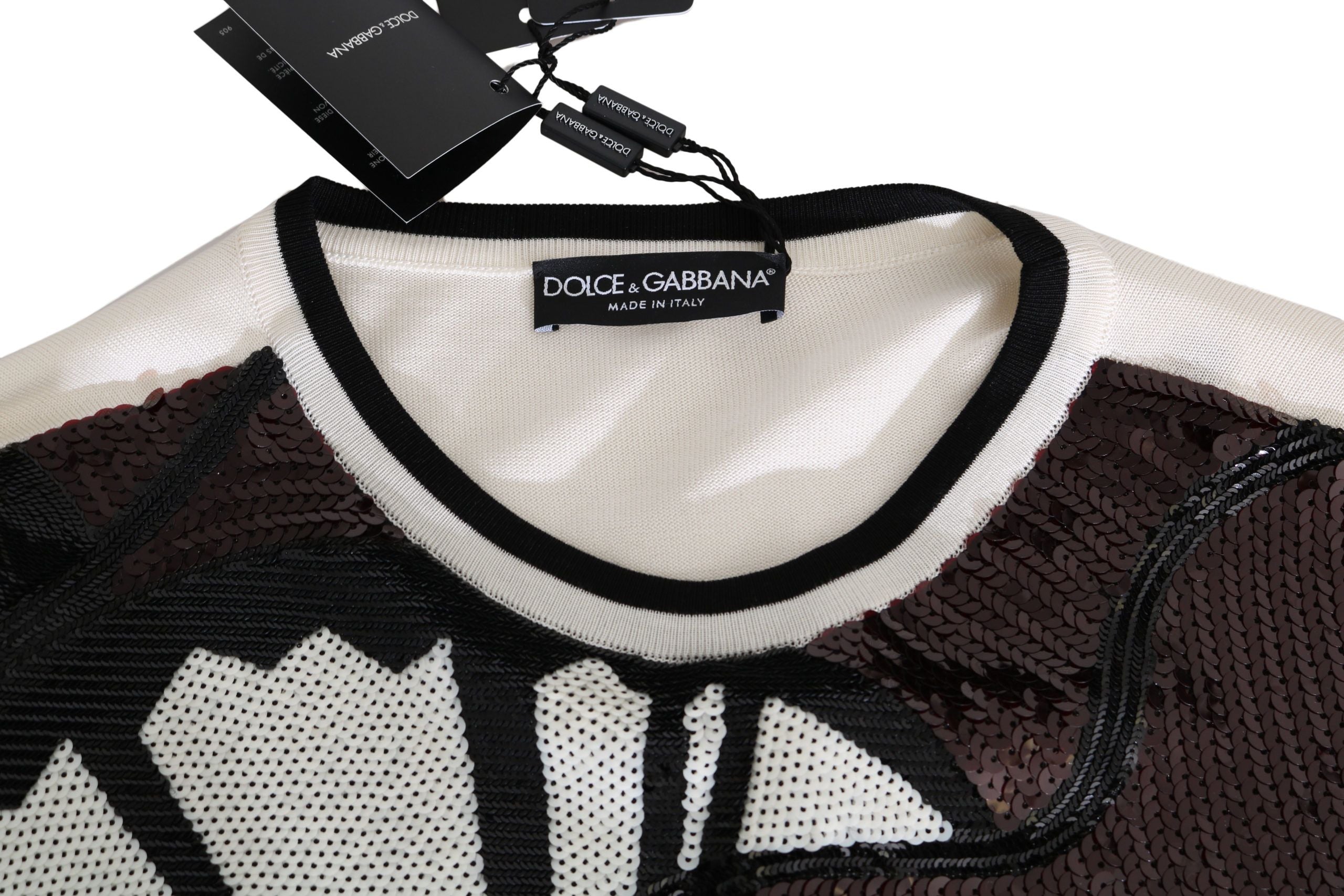 Dolce & Gabbana Weißer Jazz Pailletten-Gitarren-Pullover Top Pullover