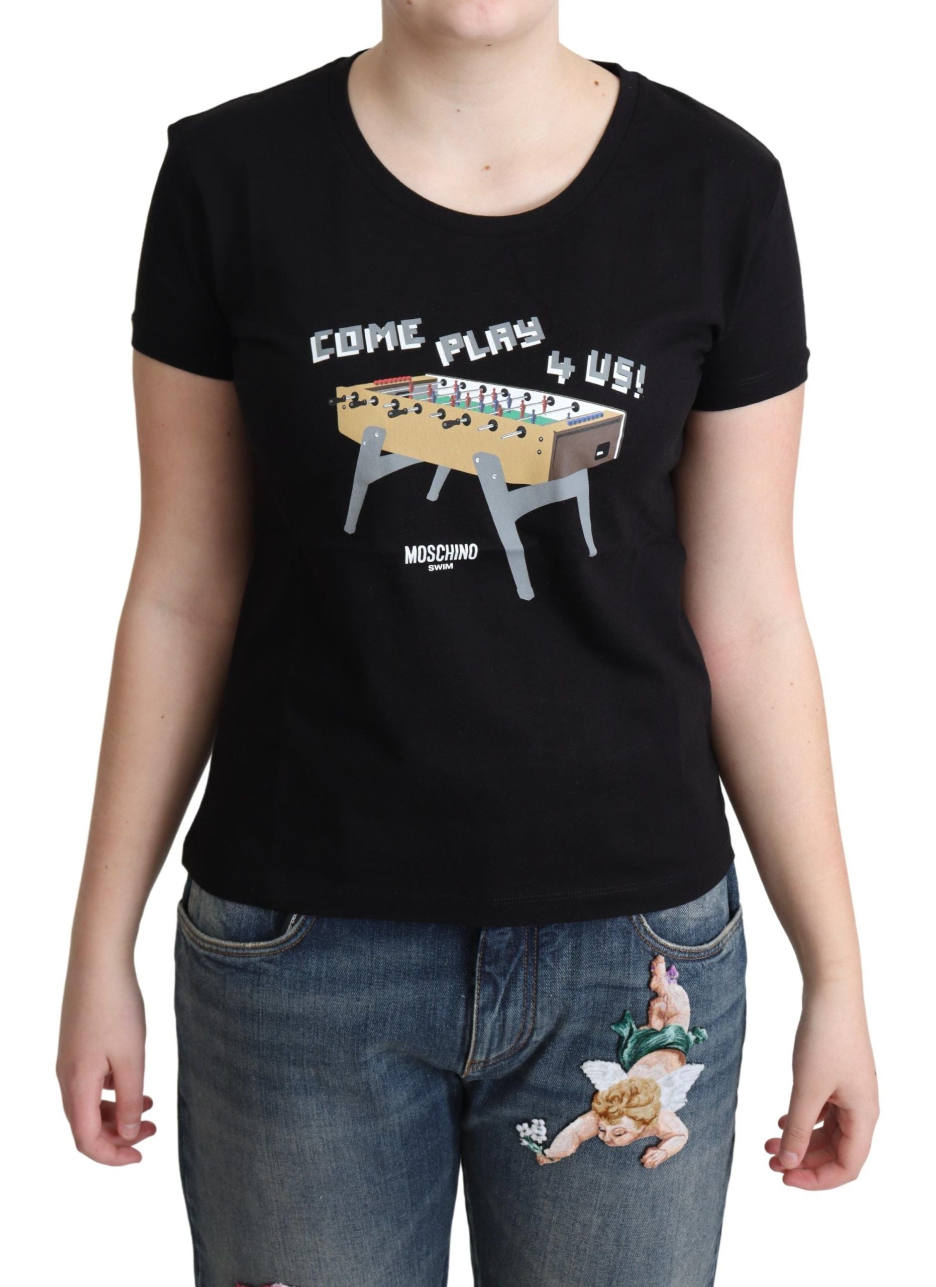 Moschino Schwarzes Baumwoll-T-Shirt Come Play 4 Us Print Tops