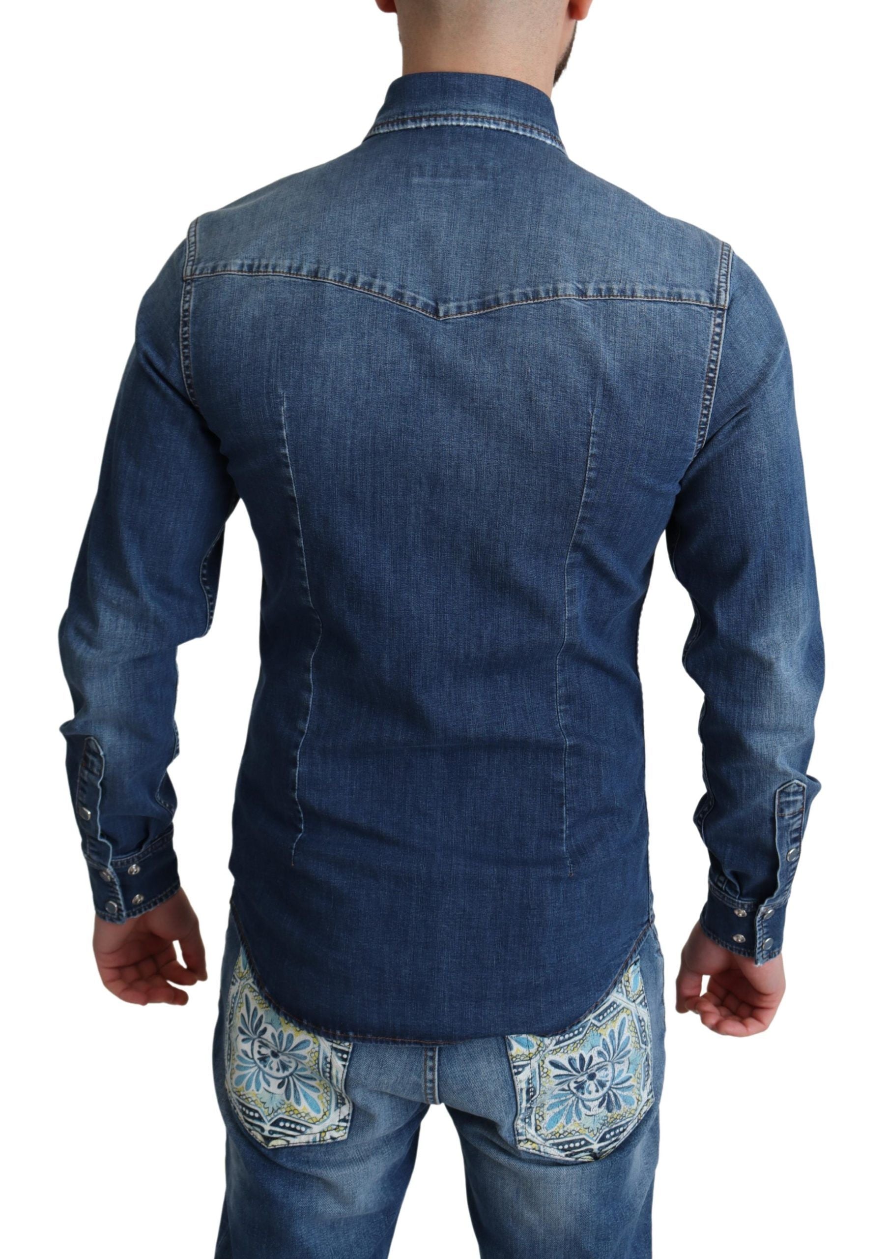 Dolce &amp; Gabbana Blue cotton stretch shirt with long sleeves in denim