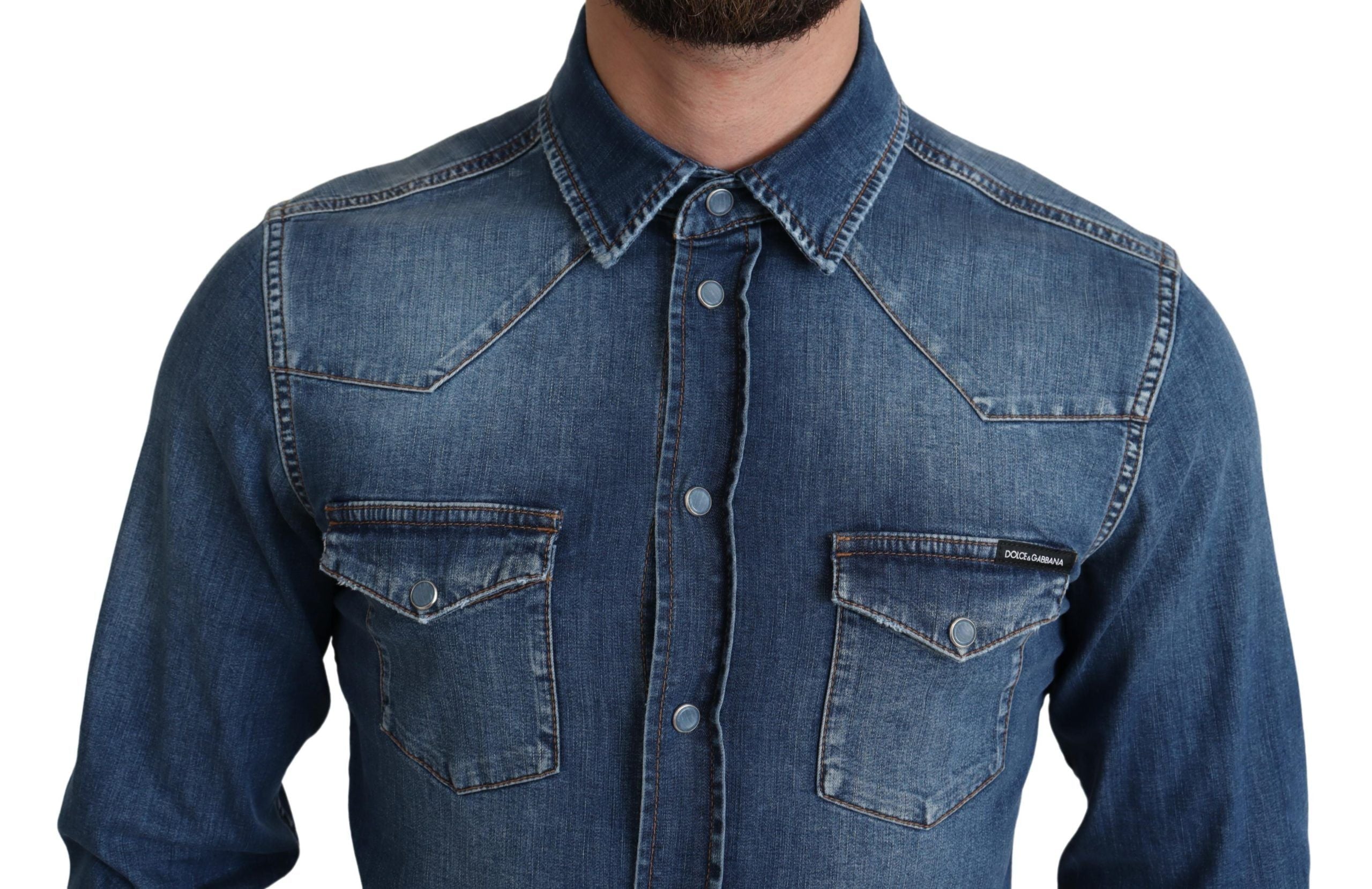 Dolce &amp; Gabbana Blue cotton stretch shirt with long sleeves in denim