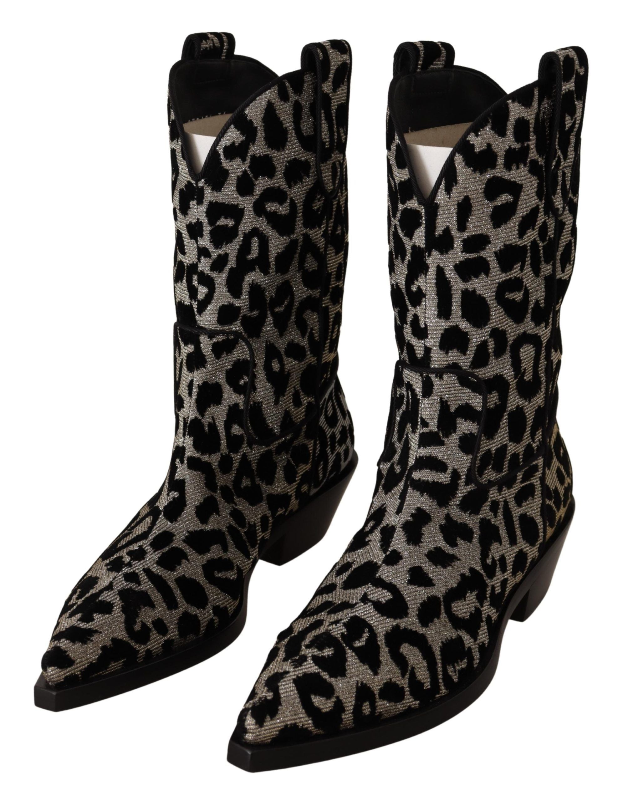 Dolce & Gabbana Grau Schwarz Leopard Cowboy Stiefel Schuhe