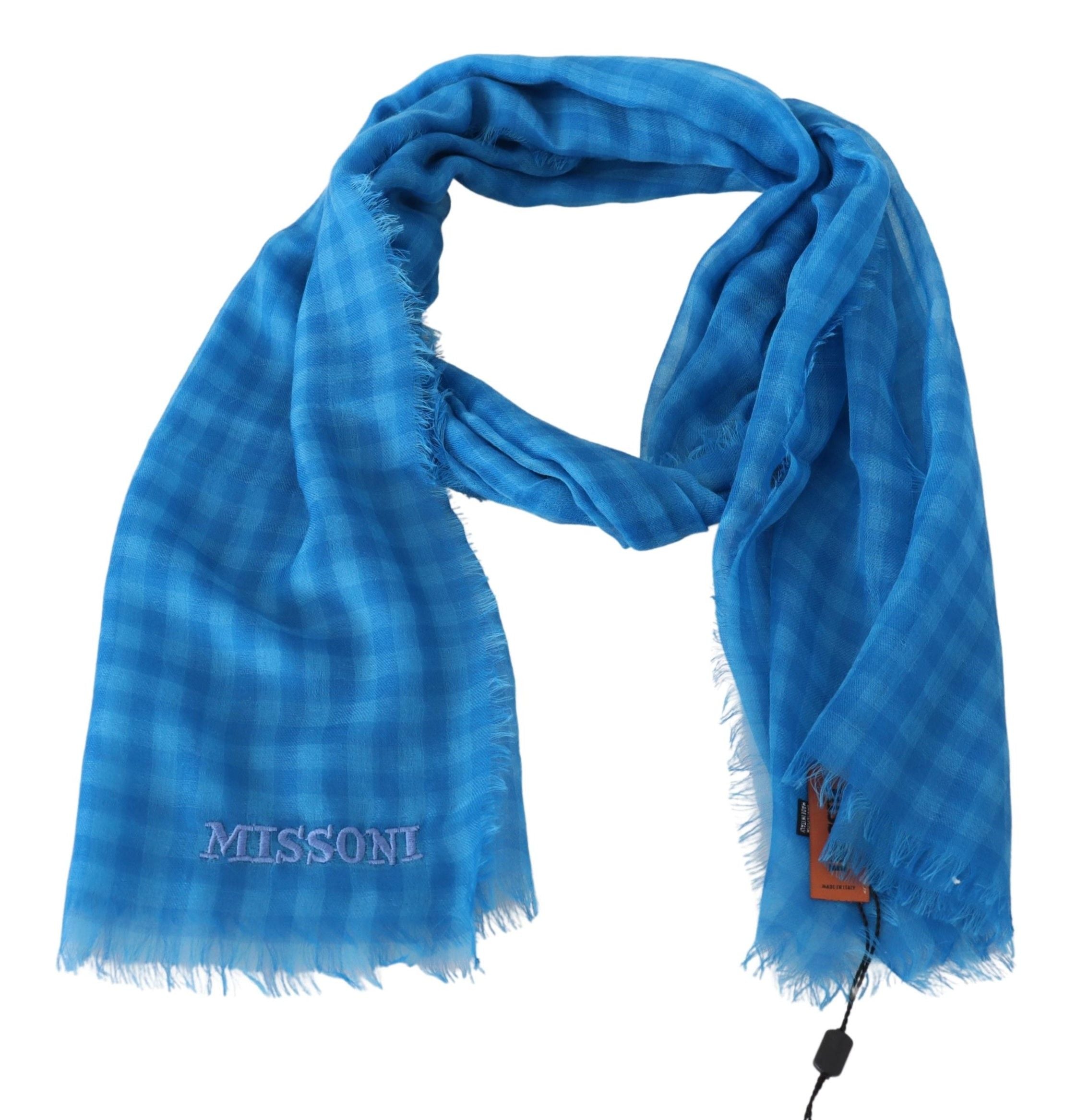 Missoni Blau karierter Kaschmir-Unisex-Wickel-Fransenschal
