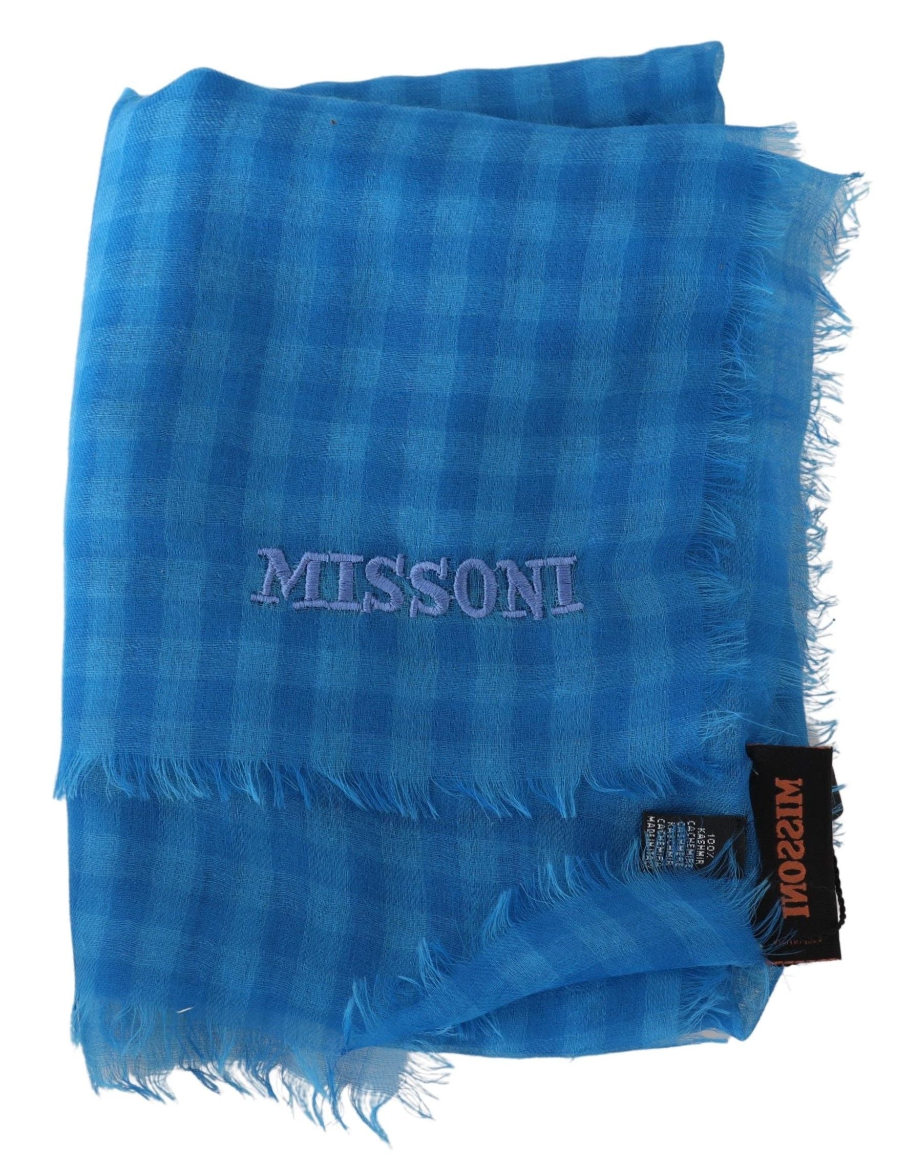 Missoni Blau karierter Kaschmir-Unisex-Wickel-Fransenschal