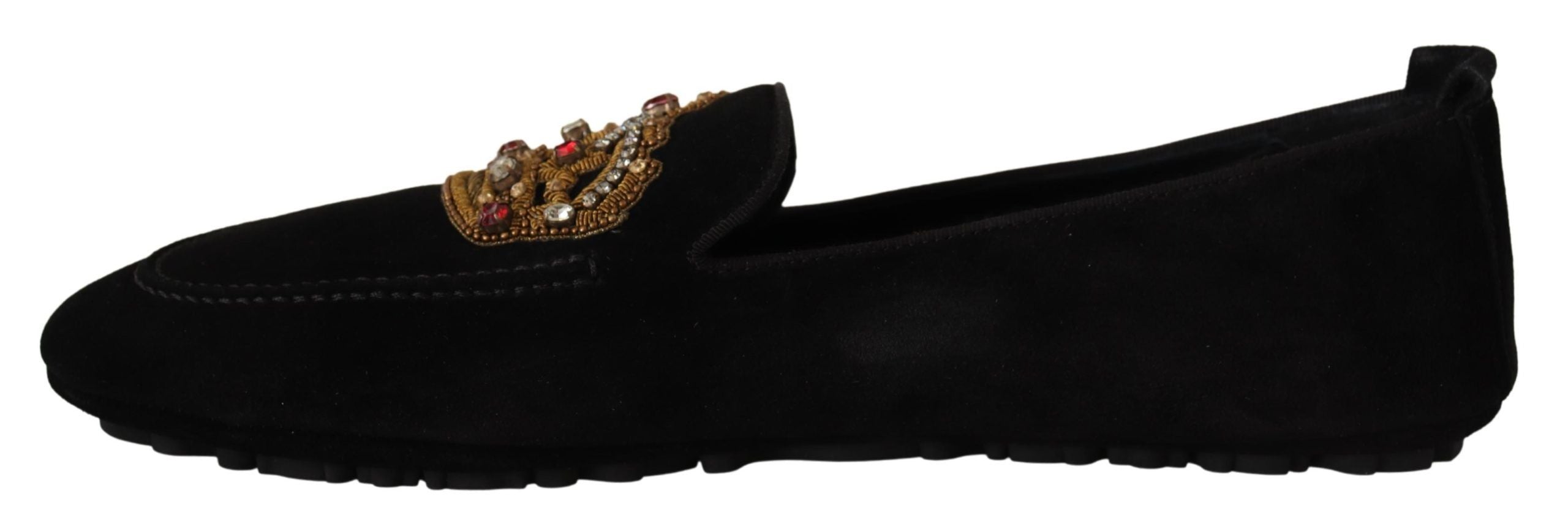 Dolce & Gabbana Schwarzes Leder Crystal Gold Crown Loafers Schuhe