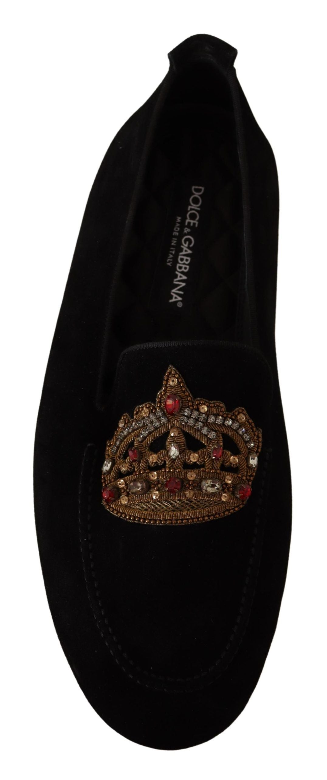 Dolce & Gabbana Schwarzes Leder Crystal Gold Crown Loafers Schuhe