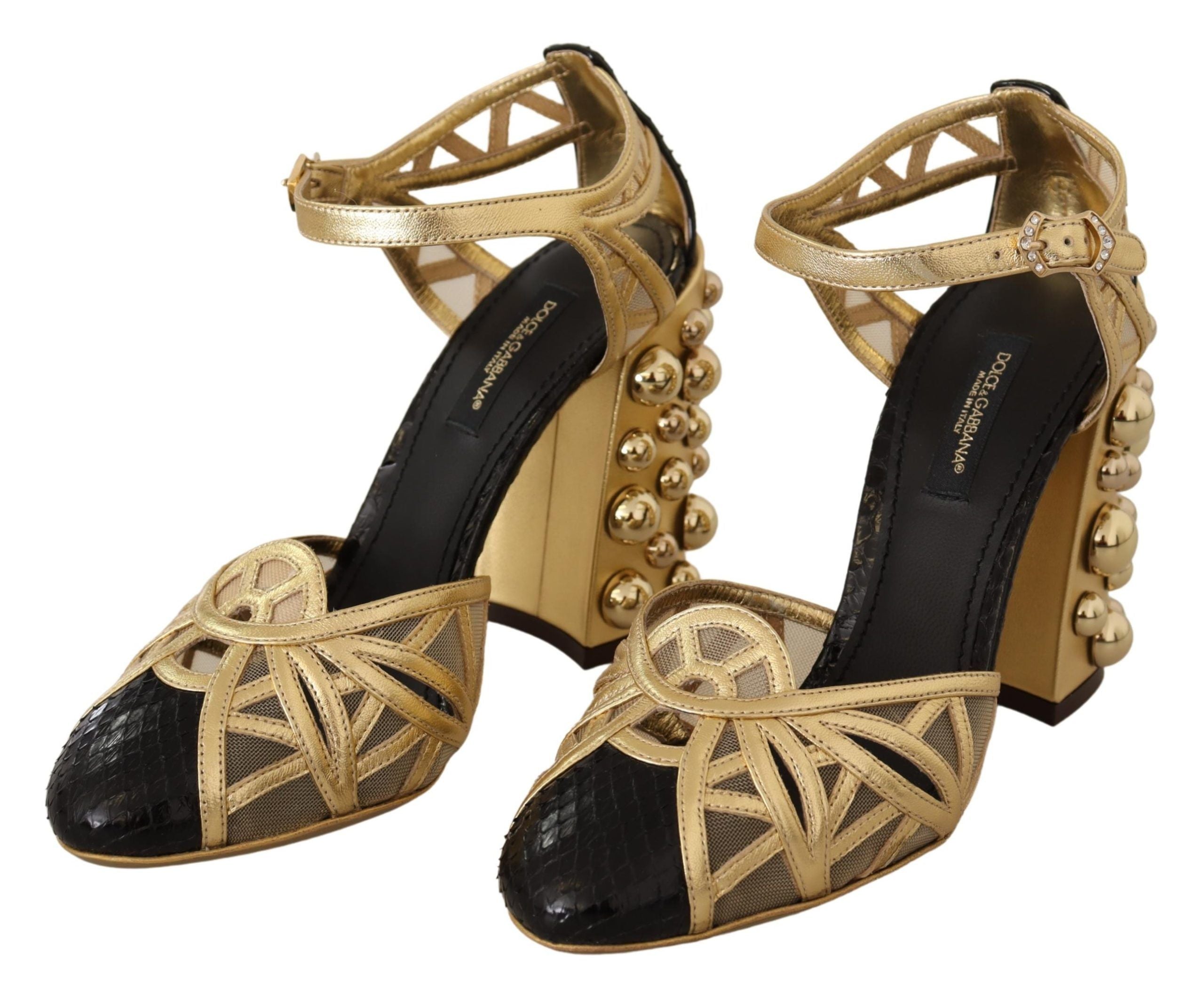 Dolce & Gabbana Schwarz Gold Leder Nieten Riemchen Schuhe
