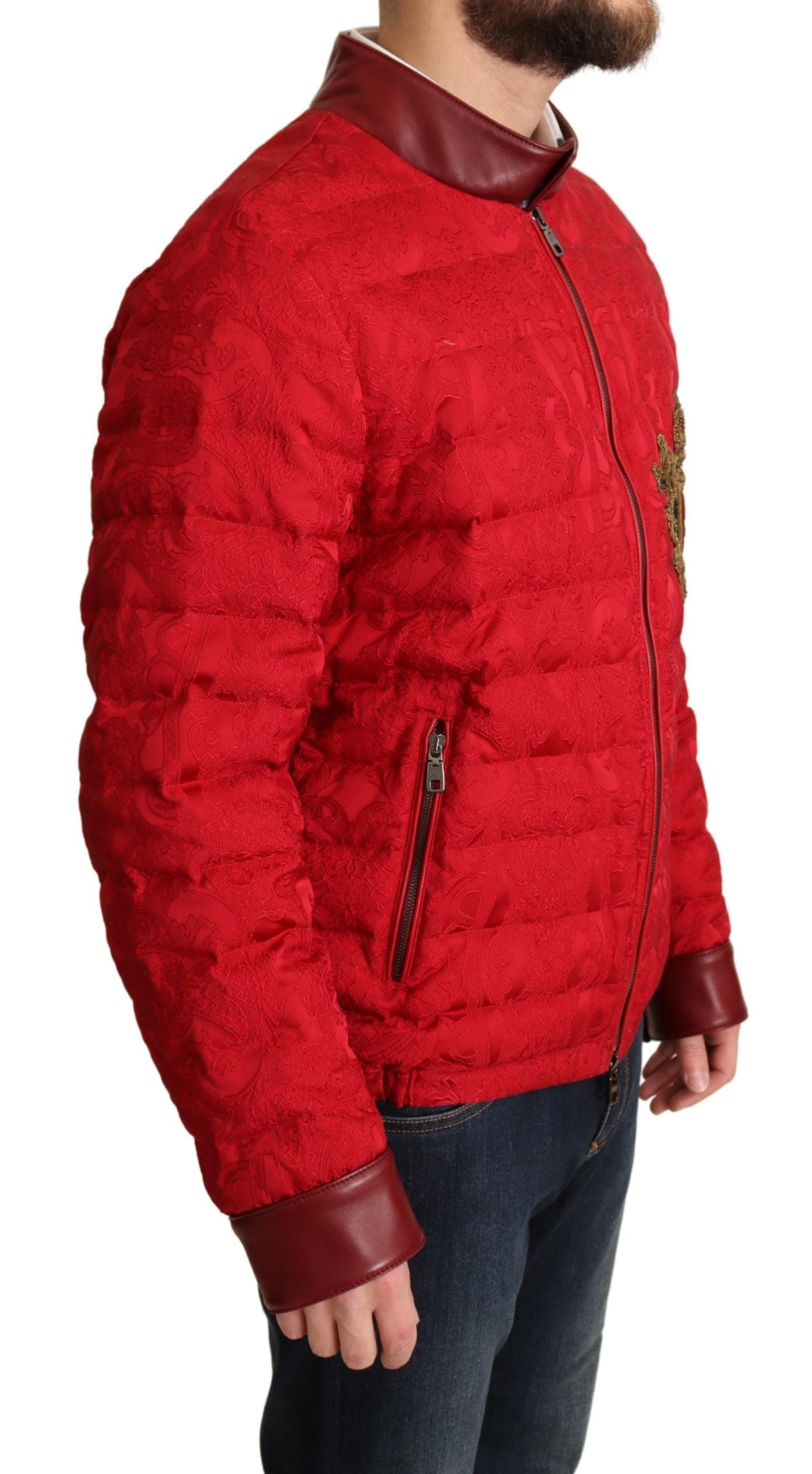 Dolce & Gabbana Roter Brokatbomber Goldkronen-Logo-Mantel Jacke