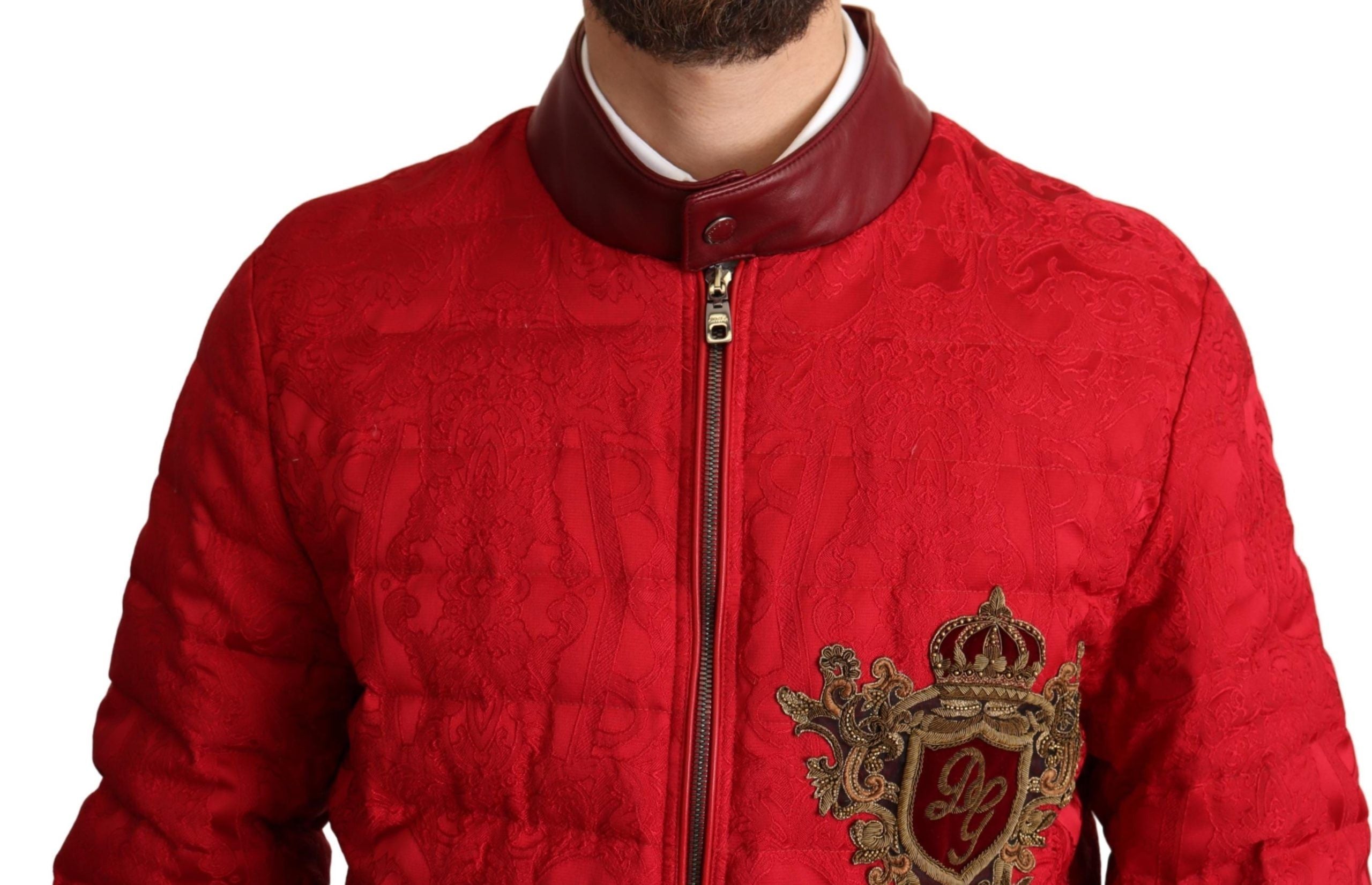 Dolce & Gabbana Roter Brokatbomber Goldkronen-Logo-Mantel Jacke