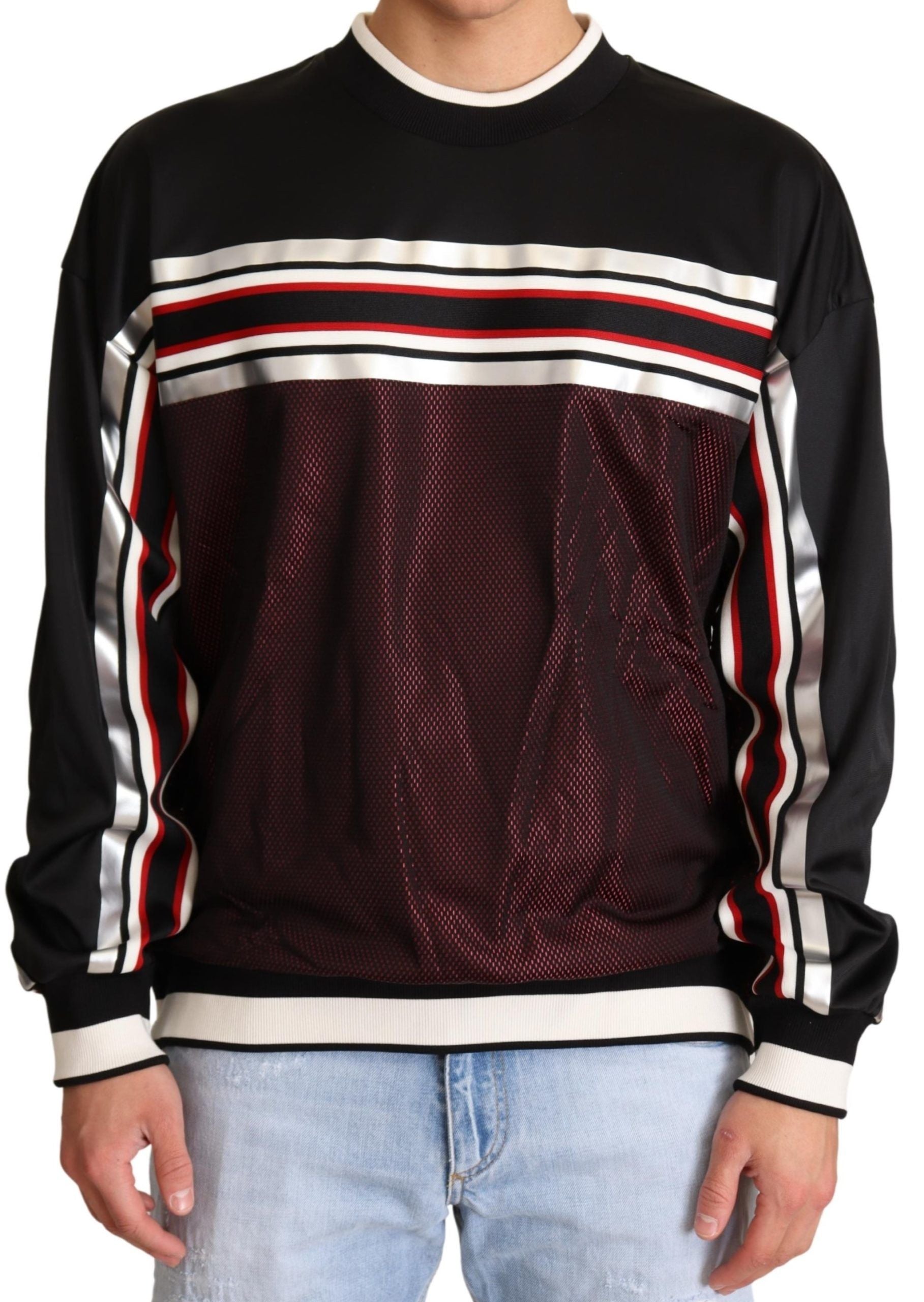Dolce &amp; Gabbana Black Red Mesh Sport Crew Neck Sweater