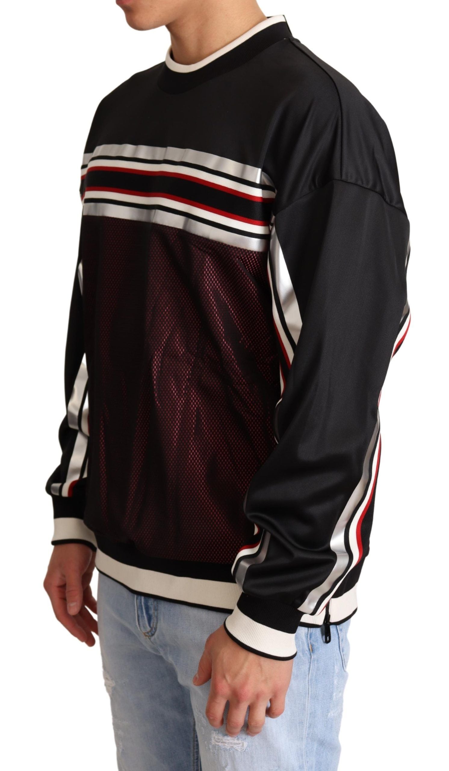 Dolce &amp; Gabbana Black Red Mesh Sport Crew Neck Sweater