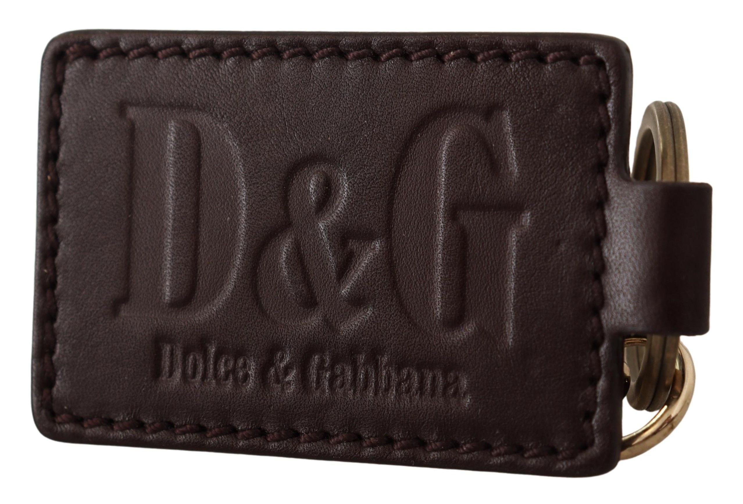 Dolce & Gabbana Braunes Leder Logo Metall Ring Haken Schlüsselanhänger