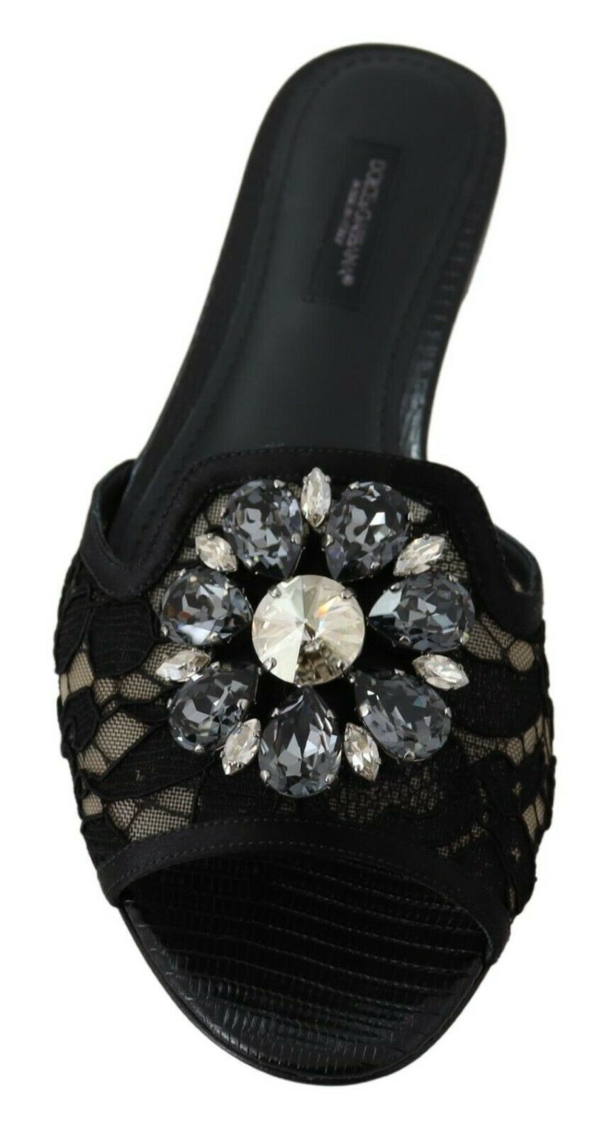 Dolce & Gabbana Schwarz Taormina Spitze Slides Kristalle Flats Schuhe